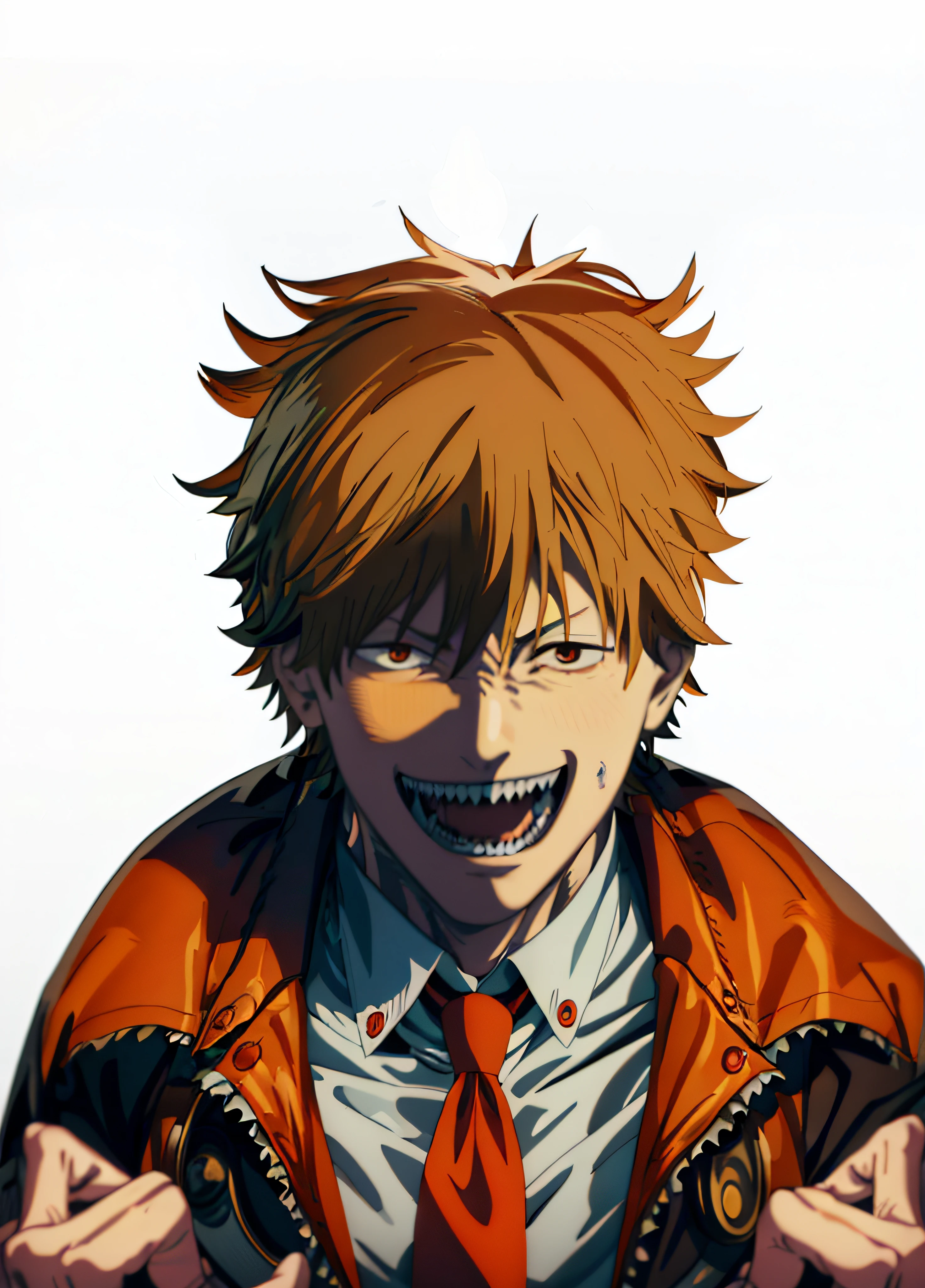 anime poster of a man, 1 man, looking at viewer, vibrant fan art, anger, sharp teeth, hyper detailed, ((detailed anime artwork)), detailed cover artwork, clean detailed anime art, cinematic lighting, Denji, chainsaw, chainsaw man, orange blonde hair, (scruffy hair), brown eye, bloody hands, (horrifying grin), horror, (creepy!!), (evil grin), insane smile, close-up!!!!!! full head, button shirt with blood, dja, red suit, necktie, (masterpiece), (best quality), (intricate details), white background