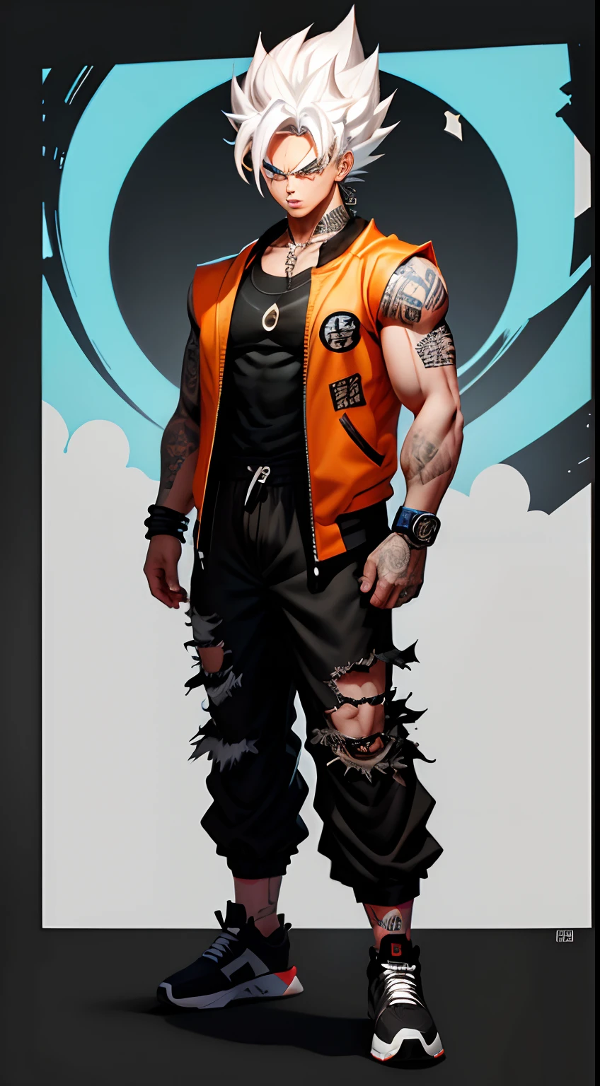 Son Goku in Dragon Ball, greyt hair,Fashion graffiti clothing,Trendy clothing,Tide brand,black black jacket,vests,denim pant,Lunette de soleil,Bracelet,ear studs,decorations,athletic sneakers,Tattooed with,choker necklace,Ultra high quality,Best quality,tmasterpiece,超高分辨率,Super Saiyan with white glow,quadratic element,鸟山明风格,1990's ,Cartoony,