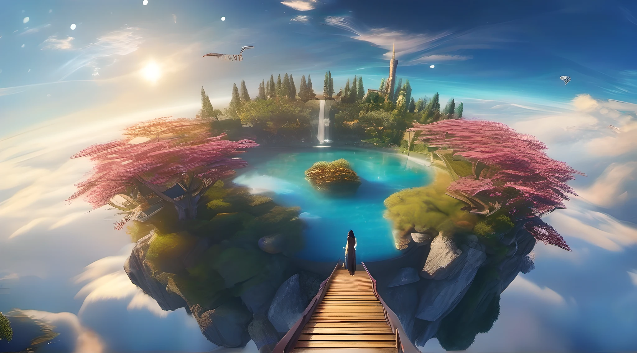ccurate, best quality, masterpiece, UHD, high details, award winning, (Amazing:2.0), (Surrealism), Conceptual art, Verism, cinematic lighting, floating island in the sky, (((beautiful flower garden))), Horizon, blue sky, paradise scenery, flowers, wind flow, (((fantasy))), frontier, (magnificent space), blurry foreground, bokeh, Hasselblad, lens flare, beautiful school girl, (17 yr old), ((((full body)))), from behind, she moving, without looking at me, (((wearing school uniform))), black eyes, black hair, (floating hair), ((8 life size)), detailed hairstyles, detailed bodyline, anatomically correct, cute face, ((accurately portray her)),