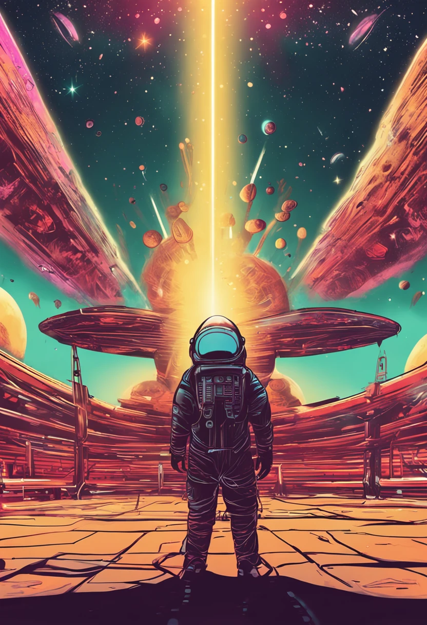 Cosmic light，Shine the sun，A mysterious alien spaceship，Brave astronauts，Bizarre alien creatures。
