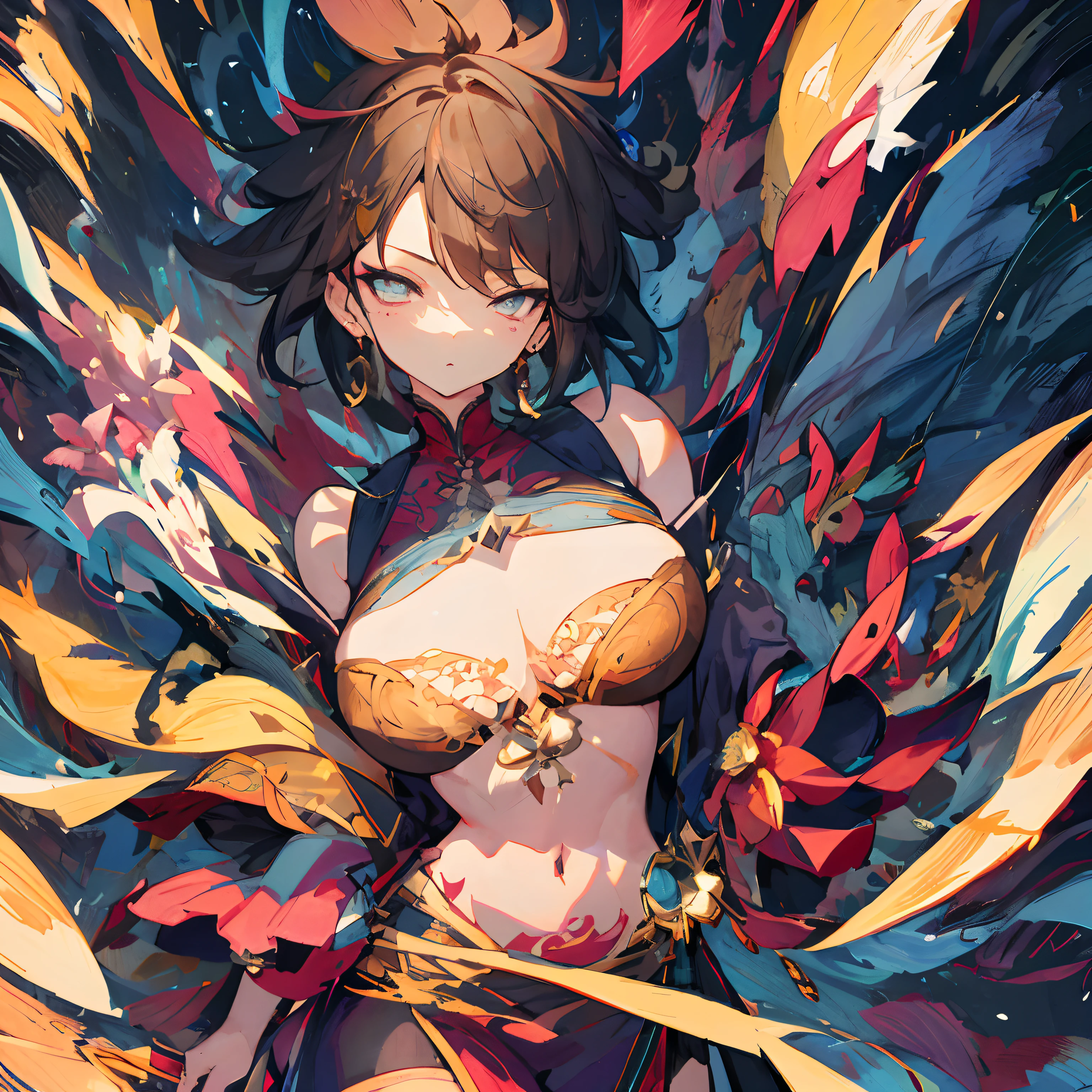 ：： comix style ryuko hikari ：：2.9   style ：：2.0 comix illustration style，digital illustration of beautiful female character in toh-yasu drawing style illustrator，style of anime，body with futuristic tribal tattoo style designs in dragon shape，Serious face and ultra-detailed artwork，graffiti style destroyed city scenery with camera focus，（beautiful and clear background：1.2），，（（Sophia Vigara beauty））， （ Detailed eyes and detailed face：1.3）， （t-shirt or dress：1.3）， （beautiful and clear background：1.2）， （The is very detailed， ultra - detailed， best shadow：1.1）， exposed bare shoulders， flowers and petals， ， （white backgrounid：0.5）， （illustratio：1.1）， （Very fine and beautiful girl：1.1）， （Perfect details：1.1），slender leg，Spread your legs apart，The blouse is open，Clear face，（（（Bigchest）））