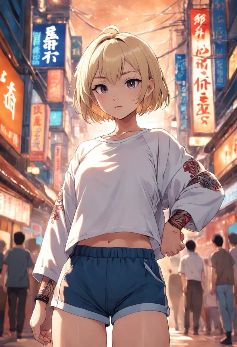 White skin asian female with blonde Bob hairstyle, Muscular, It's covered in tribal tattoos, Wear a cropped long-sleeved shirt, wear short shorts, relaxing