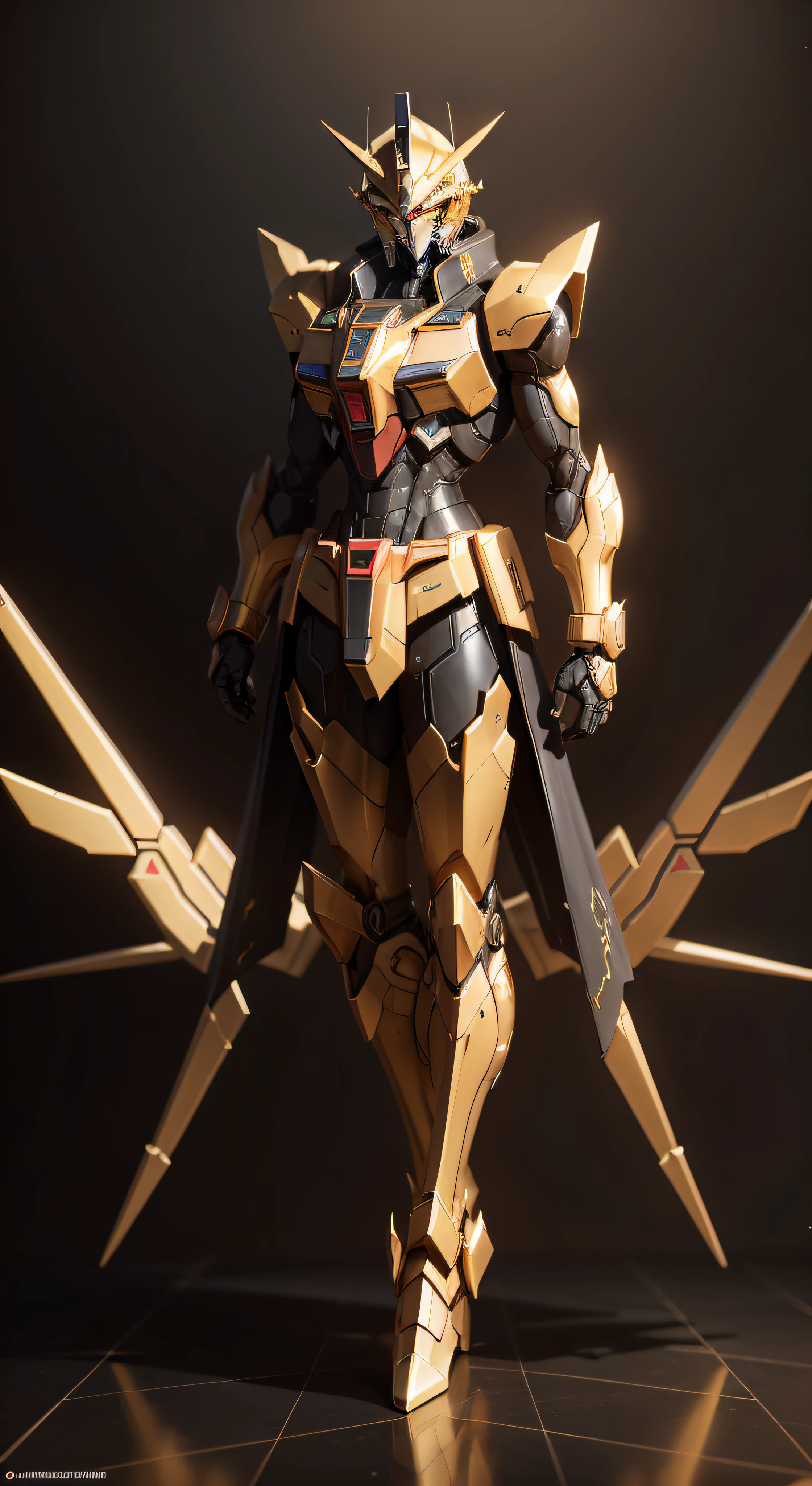 The picture shows the Black Gold Gundam, The styles in the intersecting plane are very realistic, grandeur of scale, Playful and complex, Glassy translucent, posing elegantly, super detailing, Standing full body portrait, High detail,Full body like