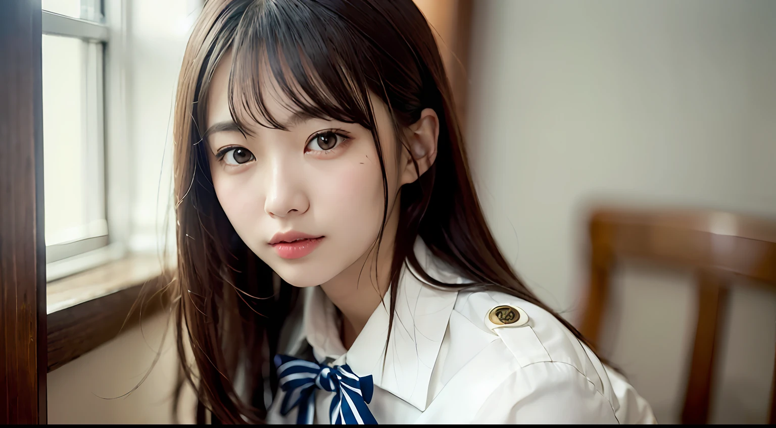 女の子1人、Women around 26 years old、garments(Association Uniform)、A dark-haired、a picture、realisticlying、top-quality、adopt、A detailed face、sit on the table、细致背景、diffuse sunlight、depth of fields、