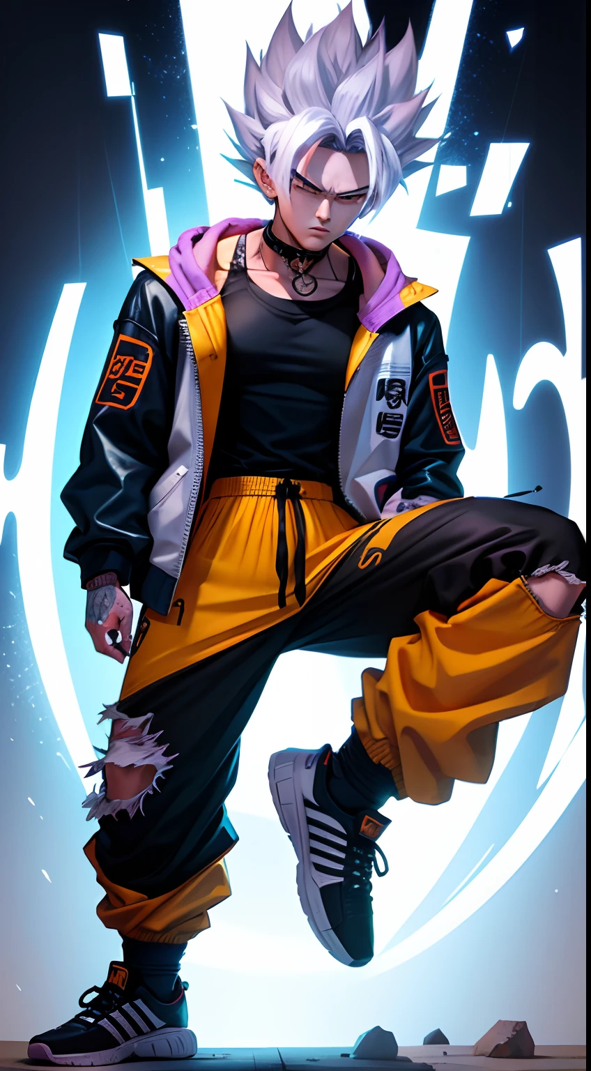 Son Goku in Dragon Ball, greyt hair，Fashion graffiti clothing，Trendy clothing，Tide brand，black black jacket，vests，denim pant，Lunette de soleil，Bracelet，ear studs，decorations，athletic sneakers，Tattooed with，choker necklace，Ultra high quality，Best quality，tmasterpiece，超高分辨率，Super Saiyan with white glow，quadratic element，鸟山明风格，1990's ，Cartoony,