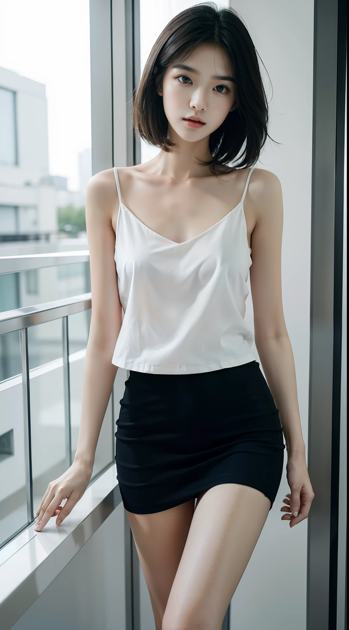top Quority,Ultra-clear resolution,Clear eyes,plain face,s the perfect face,White skin,Perfect chest,with perfect legs,Long legs,Short black style skirt,Random environment