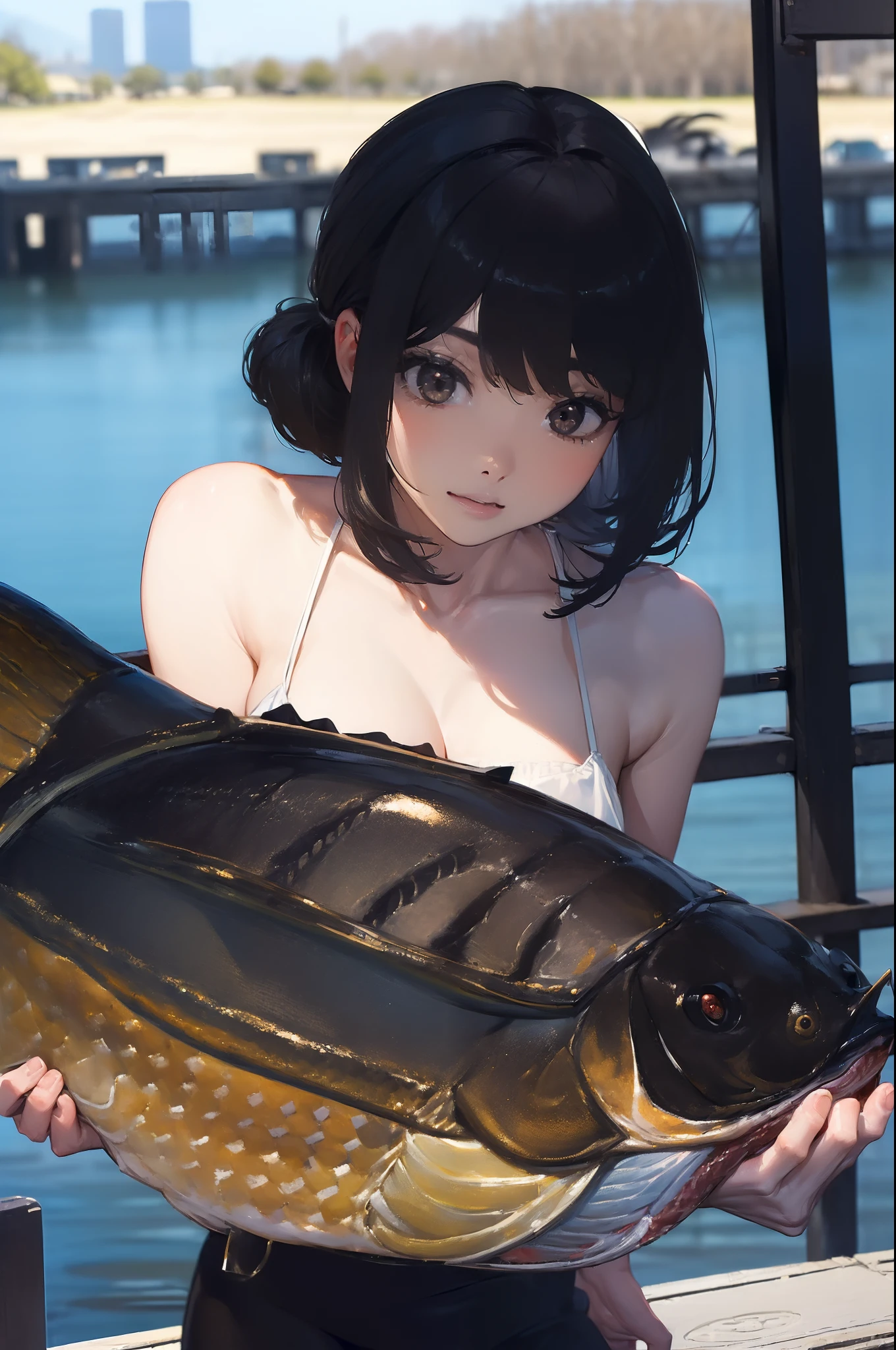 ((((Catch a big black bass by the lake:1.5)))),((1 female 28 years old))((Best Quality:1.5)),(((Hands with the correct number and structure of fingers:1.4))),((Large fish:1.37)),hight resolution,ultra-detailliert,​masterpiece,best qualtiy,poneyTail,Black hair, long eyeslashes, Solid Circle Eyes, drop shadow, Atmospheric perspective,Super Detail, ccurate, small brest,(Black jacket :1.1),top-quality, blurry backround, bokeh dof:1.2, (​masterpiece:1.3),  Atmospheric perspective,Super Detail,dynamic compositions,top-quality、​masterpiece、Very beautiful CG、finely detail、​masterpiece