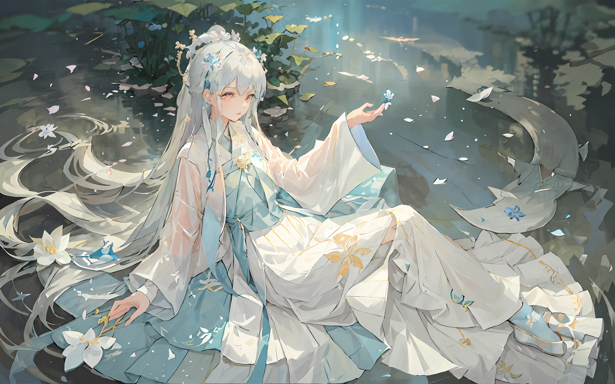 Light blue hanfu,A woman who is,Cold,White skin of the,flower sea,ponds,Petals float on the water,lilie,鎖骨,eye closeds,Half immersed in water,Dark background,rays of moonlight,Hairpins,Yupei,Hanfu,exquisite face, hair adornments, rosy lips, a skirt, obi strip, jewelry,long whitr hair, 耳Nipple Ring, , Strands of hair,Perfect body proportion,dampness,slender leg,Bridges,