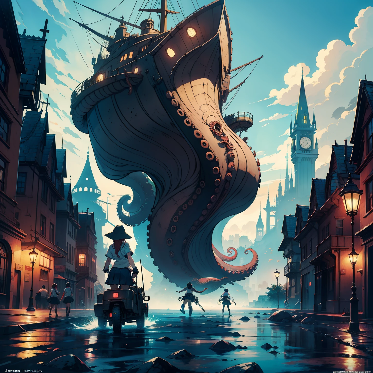 Anton Pieck animesque wondrous strange Whimsical Sci-Fi Fantasy Cyborg miniskirt schoolgirl Giant octopus fight