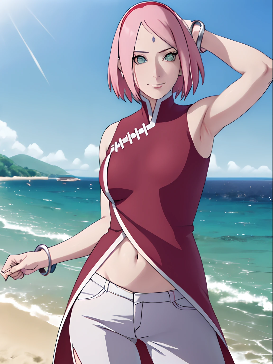 masterpiece, 1k, portrait, face shot, professional artwork, detailed beach background, intricate details, colorful, digital blending, (ultra detailed body, ultra detail hair, ultra detail face), trending on pixiv, kind smile, very hot color, best quality, anime style: 1.9, 1girl, hires, haruno sakura, (forehead mark, milf, red hairband, pale skin, short hair, ((red sleeveless dress), white pants), (navel, belly button, bracelet, pink hair), (ultra detailed green eyes), smile, beach, wind, floating hair, detailed arms, off-shoulders, slightly muscular arms, (dirty armpits), standing)