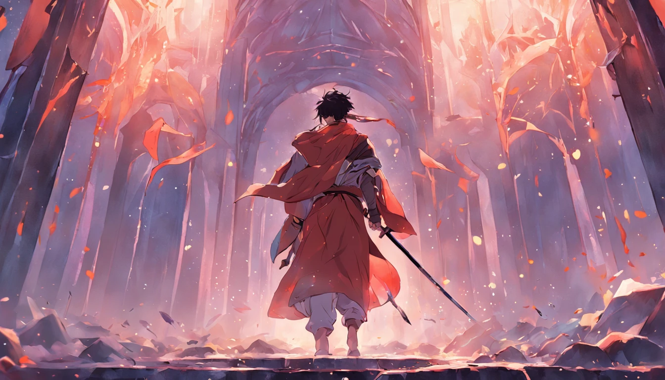 A wandering swordsman,Wearing a cloak,There are also some ancient buildings around