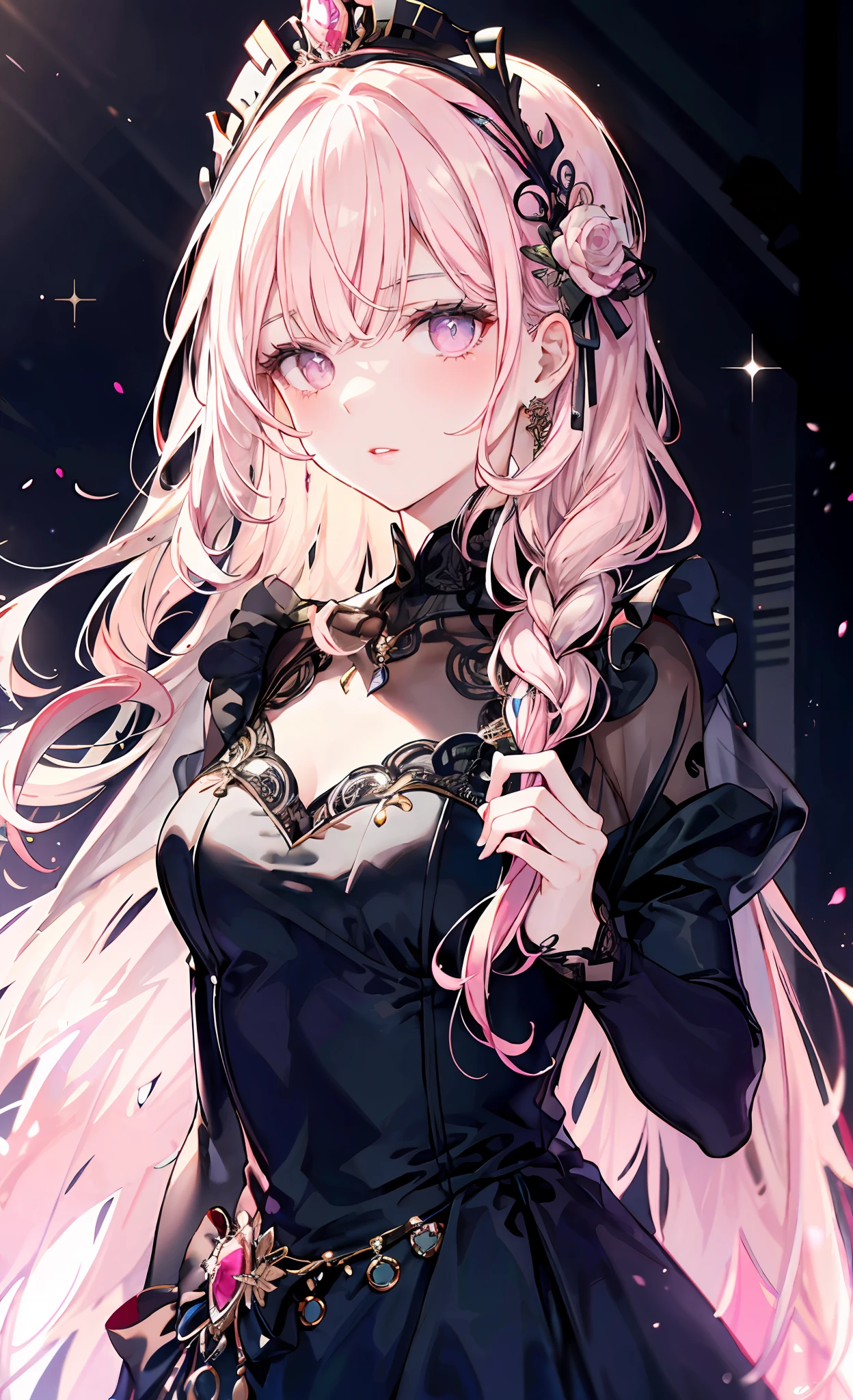 meticulous portrayal of face,1 noblewoman,a matural female,Black dress long dress,(Pink White Long Hair),(dark night background+),Prom,Court etiquette, s the perfect face, Perfect lips, perfect eyes, Perfect background