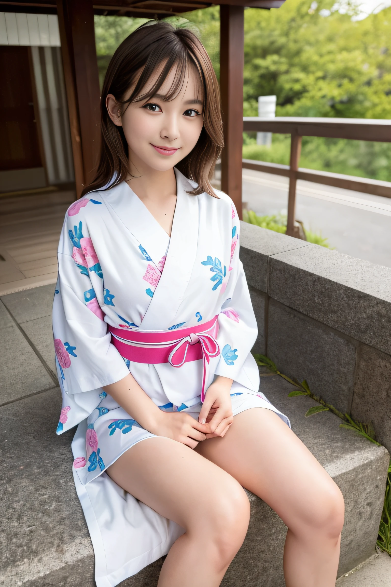 (Highest image quality, Highest image quality, Super A High Definition), (Raw photo, Realism 1.4), (flat chest), Fine skin, Fine face, Cute, AKB Girl, Girl in her 20s, Small breasts, Perfect Skin, thighs thighs thighs thighs, Medium Hair, Perfect, Brown hair, Brown eyes, Full body, Sitting on the steps of the pedestrian bridge, Legs in your own embrace, knees up,I can see the panties.、 ((Yukata)), Bright sunshine, Smile