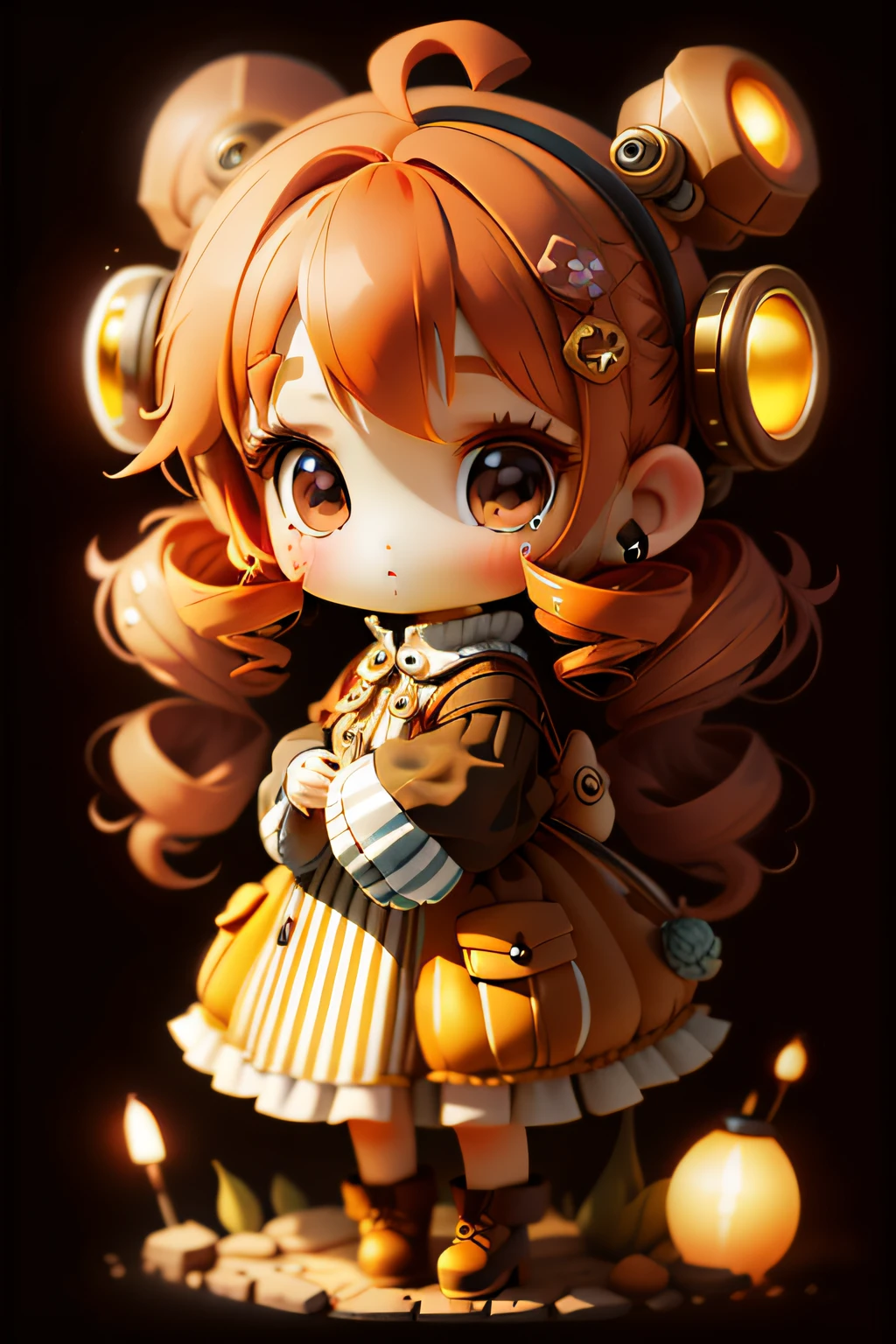 plastican00d, 1girl, chibi, amber, twin drills, medium brown, luxury fabrics, dithering, Far-reaching,looking at viewer, striped background