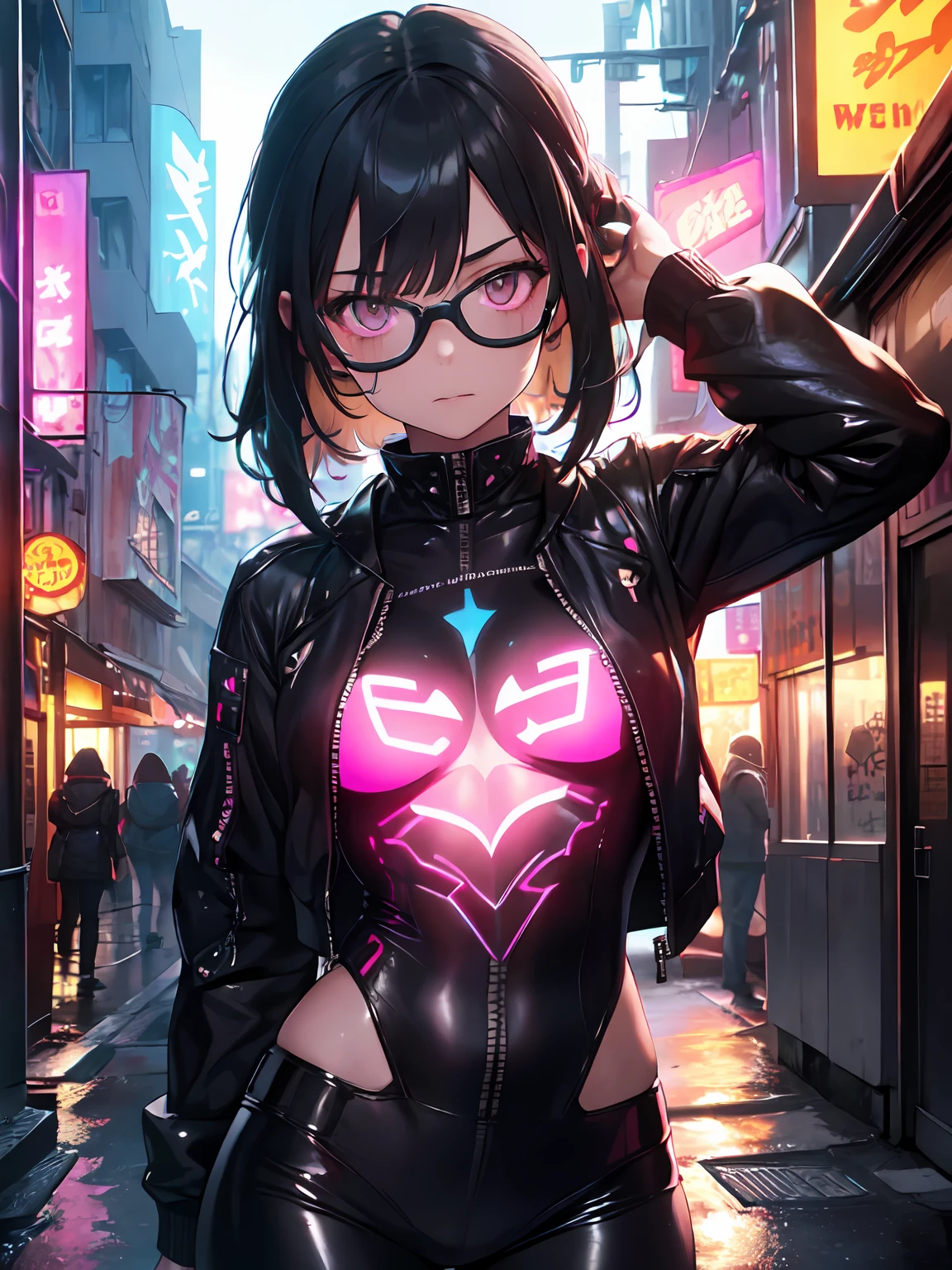 1girl ,masterpiece, best quality, ultra-detailed, illustration, cyberpunk rebel hacker
Style: futuristic urban
Quality: sharp and dynamic, portraying the character's tech-savvy persona
Lighting: neon city lights reflecting off her cybernetic enhancements
Shading: bold contrasts emphasizing her confident and daring nature
Clothing: leather jacket over high-tech bodysuit, augmented reality glasses
Background: gritty back alley filled with holographic graffiti and neon signs