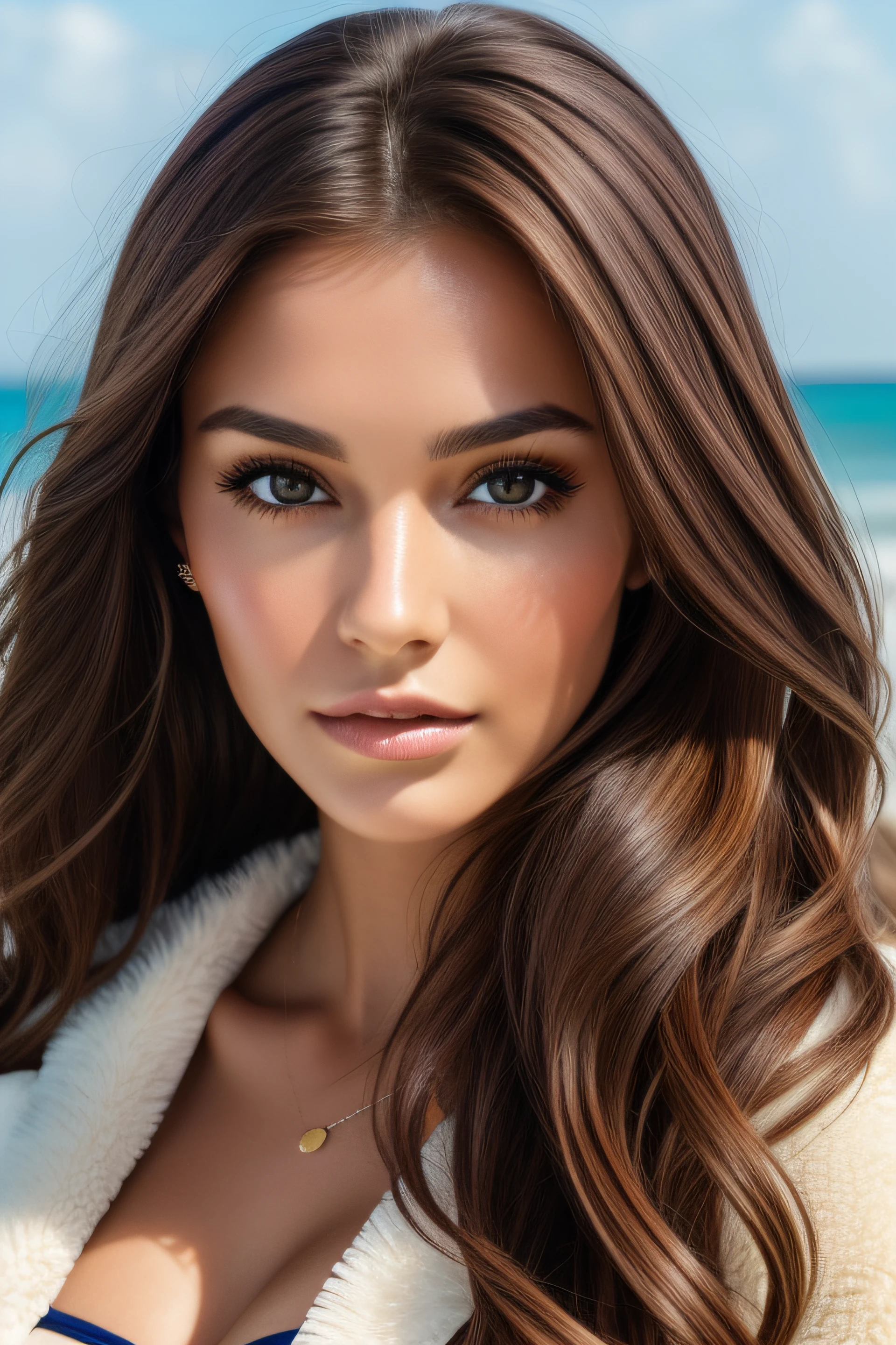 arafed woman with long brown hair and a fur coat, stunning closeupheadshot, closeup headshot portrait, soft portrait shot 8 k, close up face female portrait, cinematic headshot portrait, 60mm portrait, 50mm portrait, 7 0 mm portrait, full face close up portrait, medium close up portrait, close up face portrait, brown hair and large eyes. in the beach wearing a bikini in full boday