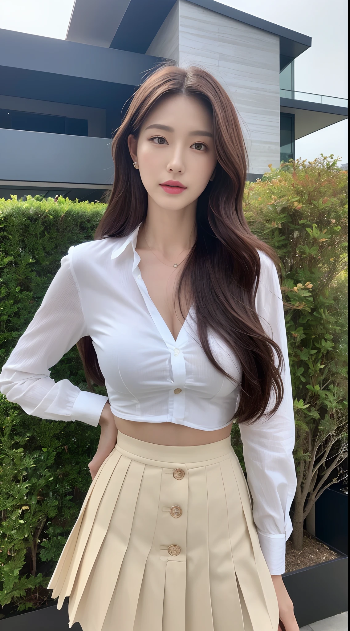 (8K、ultra high resolution、highest quality、masterpiece、realistic、ultra high resolution)、(big breasts、Always wear a white shirt、Always wear a long skirt:1.28)(Standing on the riverbed at a beautiful sunset、Must have long black hair:1.18)japanese woman、cute smile、high heels