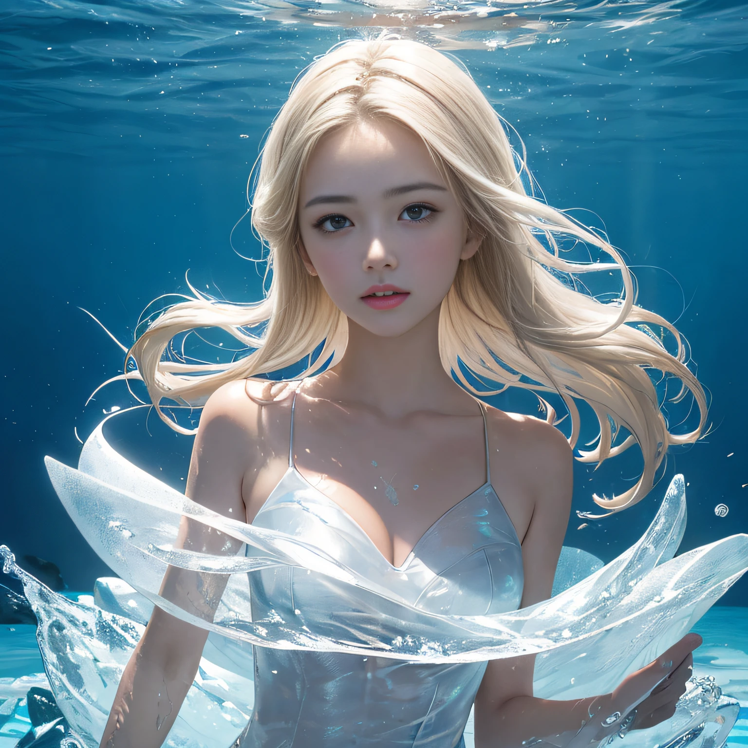 (in 8K, RAW Photos, of the highest quality, Masterpieces: 1.2), (Realistic, Photorealistic: 1.37), Highest Quality, Ultra High Resolution, light leaks, Dynamic lighting, Slim and smooth skin, (Full body:0.8), (Soft Saturation: 1.6), (Fair skin: 1.2), (Glossy skin: 1.1), Oiled skin, 18 years old, In the deep sea, a large amount of foam, Swimming, Sparkling white blonde, Deep sea, Many ice blocks, Ice Sparkle, Diamond Dust, freeze, Ice Dragon,