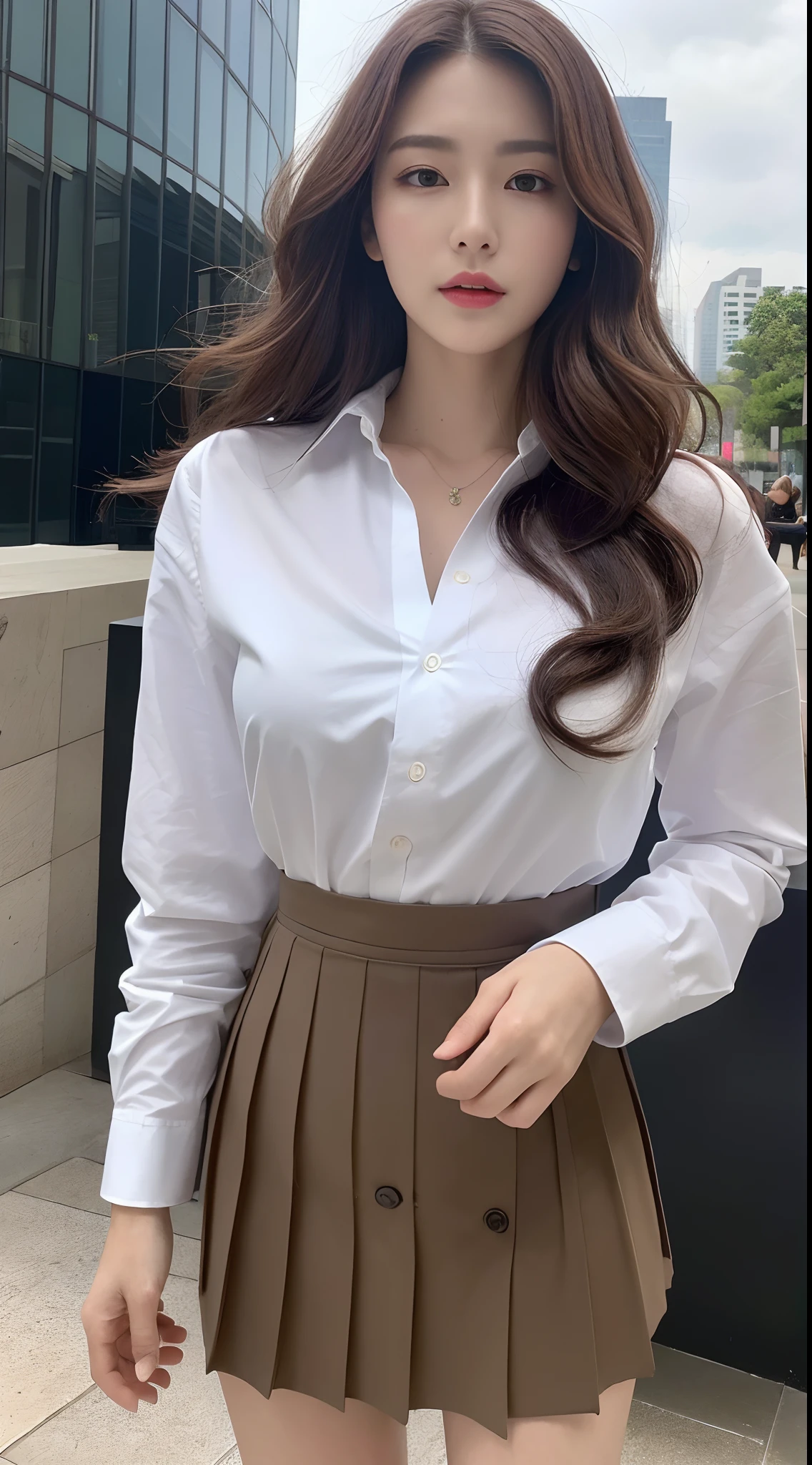 (Best quality, High resolution, Masterpiece :1.3), A tall and pretty woman, Slender abs, Dark brown hair styled in loose waves, Breasts, White button up shirt, Black pleated skirt, (Modern architecture in background), Details exquisitely rendered in the face and skin texture, Detailed eyes, Double eyelid