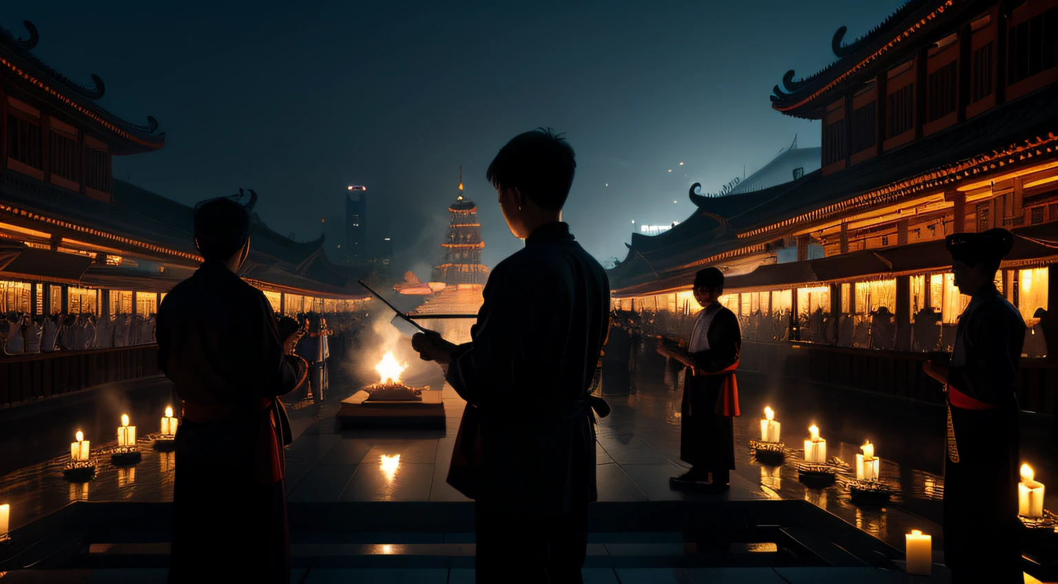 Create a photorealistic image of a ghost month ritual in Singapore, focusing on the detailed incense-burning ceremony. Emphasize the HDR effect to accentuate the contrasts between the illuminated offerings and the atmospheric shadows.