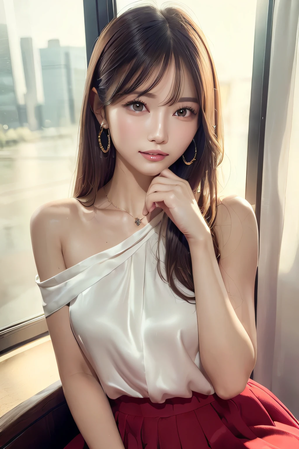 (masterpiece:1.3), high resolution, ultra detailed, extremely detailed CG unity 8k wallpaper, realistic, photo-realistic, RAW photo, beautiful detailed face, pale skin, realistic glistening skin, detailed cloth texture, detailed hair texture, Perfect body, Beautiful Face, accurate, Anatomically correct, Highly detailed face and skin texture, natural neck length, (beautiful hands), (fair skin:1.2), Thin legs, Thin feet, (well-aligned teeth:1.1), (((Very dim lighting:1.3))),
BREAK,
Detailed eyes, symmetric eyes, Light Brown eyes, Double eyelids, Thin eyebrows, (Glossy lips:1.4), ((provocative smile:1.2)), (blush:1.1),
BREAK,
(A classy and Cute girl:1.3), (wearing a classy One-shoulder White silk Blouse:1.2),
BREAK,
(A long Red Circular skirt:1.2),
medium breasts, (slender figure:1.1), firm abs, beautiful clavicle,
(Dark blonde hair, wavy hair:1.1), ((long hair:1.2)), ((asymmetrical bangs:1.2)), (Upper body shot:1.2), From front, (Focus on face),
BREAK,
((Sitting on the reclining seat with gently lifted up her chin:1.2)), (Inside A Space Theater of Sunshine City in Ikebukuro),