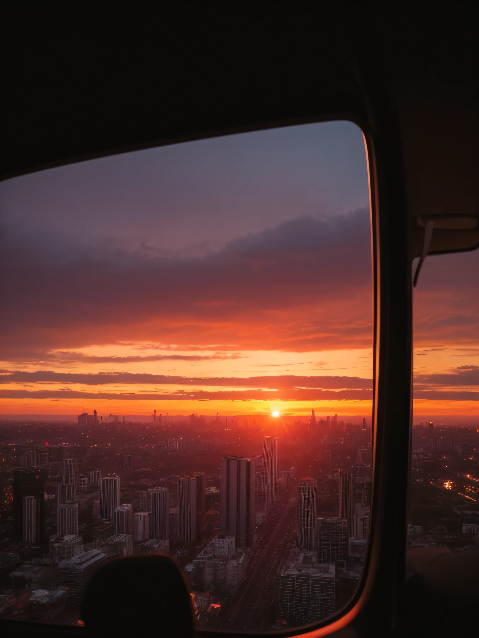 Watch the sunset in the car，realisticlying，SLR photos，hyper HD，City sunset，High-rise buildings，The lights are on
