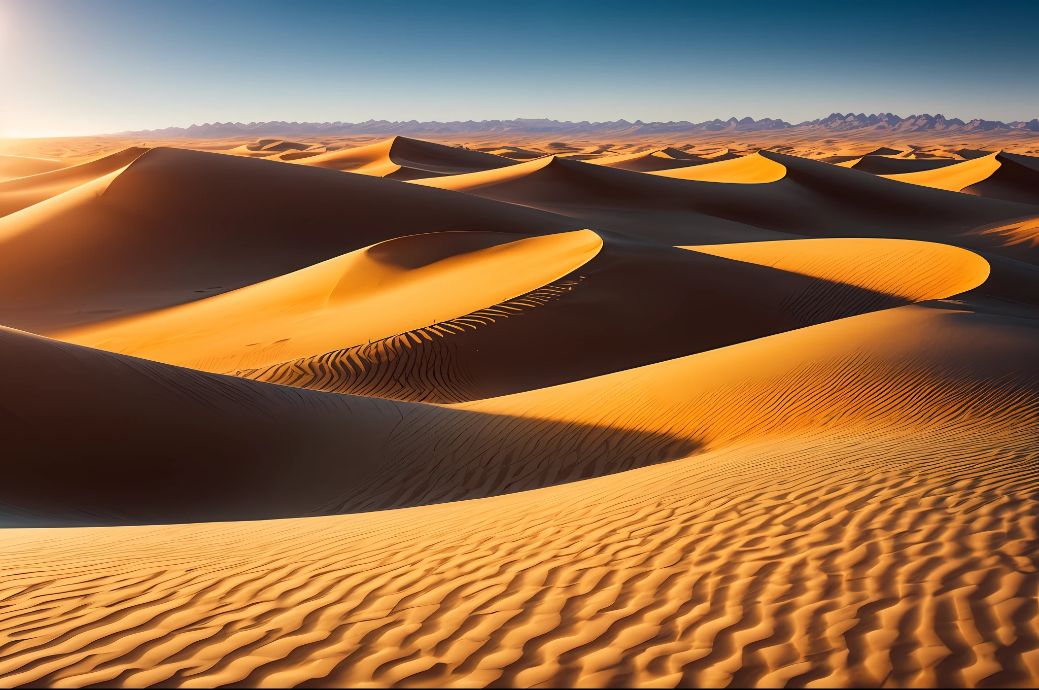 "An astounding masterpiece depicting the mesmerizing beauty of a desert. Best quality, ultra-detailed CG unity 8k wallpaper. The scorching sun casts dramatic shadows across the sand dunes, creating a captivating play of light and shadow. The vastness of the desert stretches as far as the eye can see, with the golden sand merging seamlessly with the clear blue sky. The tranquil silence of the desert is broken only by a gentle breeze rustling through the palm trees. The scene is surreal and serene, evoking a sense of awe and wonder.+"