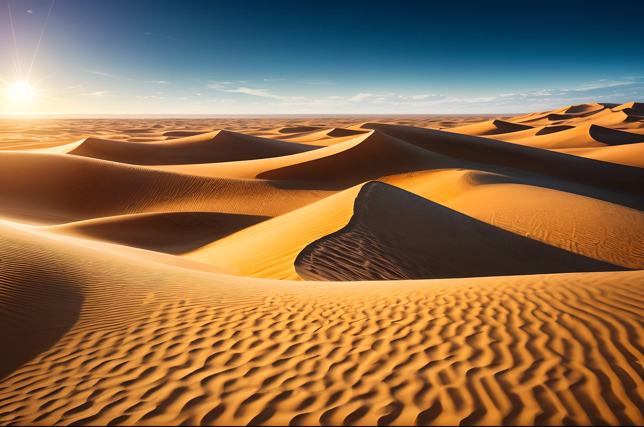 "An astounding masterpiece depicting the mesmerizing beauty of a desert. Best quality, ultra-detailed CG unity 8k wallpaper. The scorching sun casts dramatic shadows across the sand dunes, creating a captivating play of light and shadow. The vastness of the desert stretches as far as the eye can see, with the golden sand merging seamlessly with the clear blue sky. The tranquil silence of the desert is broken only by a gentle breeze rustling through the palm trees. The scene is surreal and serene, evoking a sense of awe and wonder.+"