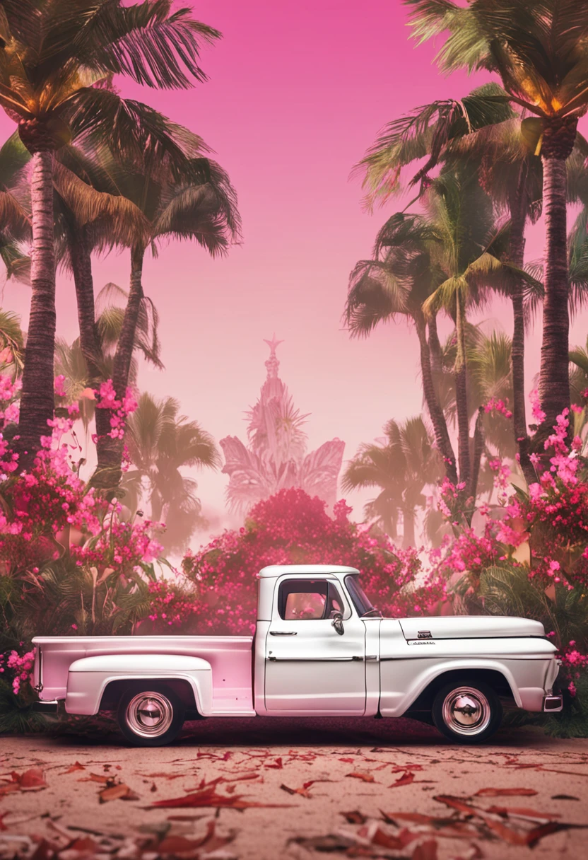 white backgrounid，Close-up of pink pickup truck，No characters，Printed with text：OUR 1st CHRIATMAS AS Mr.&Mrs. 2023。There are flowers and bells in the surrounding area。Wedding, gyuru，marriage,