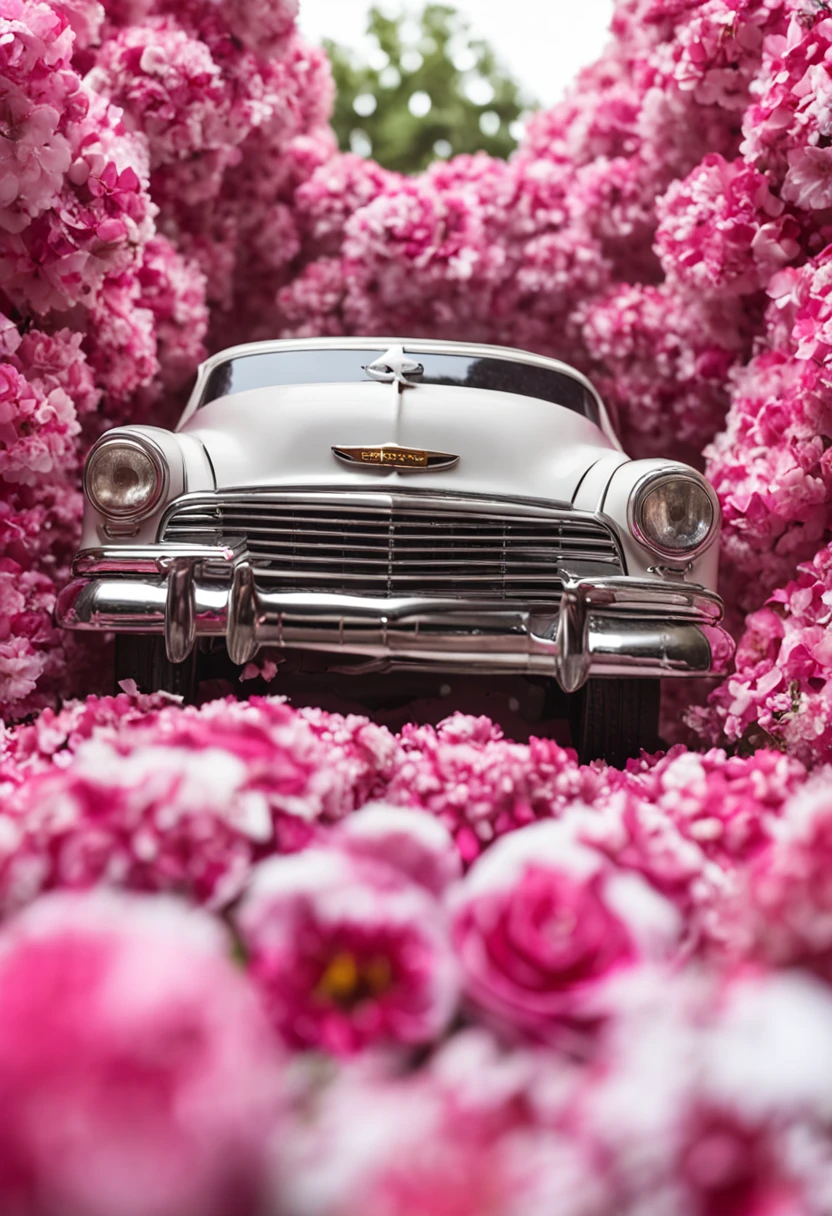 white backgrounid,Close-up of pink pickup truck,No characters,Printed with text:OUR 1st CHRIATMAS AS Mr.&Mrs. 2023。There are flowers and bells in the surrounding area。Wedding, gyuru,marriage,