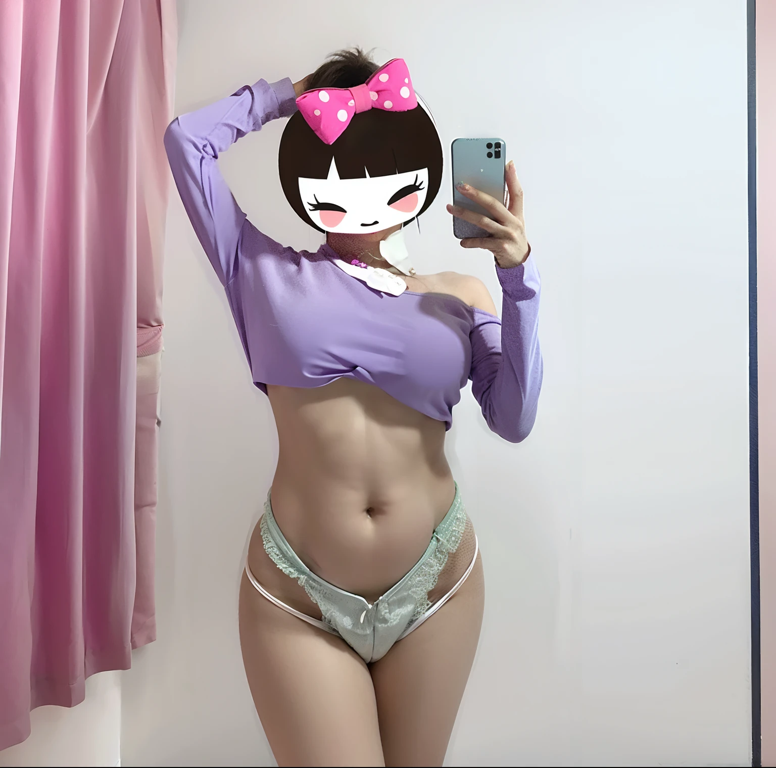 There was a woman in a purple shirt taking a selfie, 1 8 I, thicc, skinny waist and thick hips, bbwchan, small curvaceous loli, Purple body, Wide hips, 2 5 I, photo of slim girl, she has a jiggly fat round belly, 2 0 I, 20yr old, Sexy body, Pink body, belly exposed