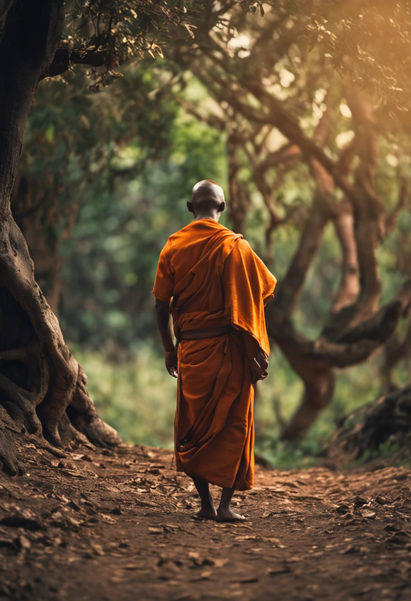 A small monk，Stand under the tree with your head on your back，Holding a book of scripture in his hand，In the upper right corner of the picture, the words "Look at ease" are written