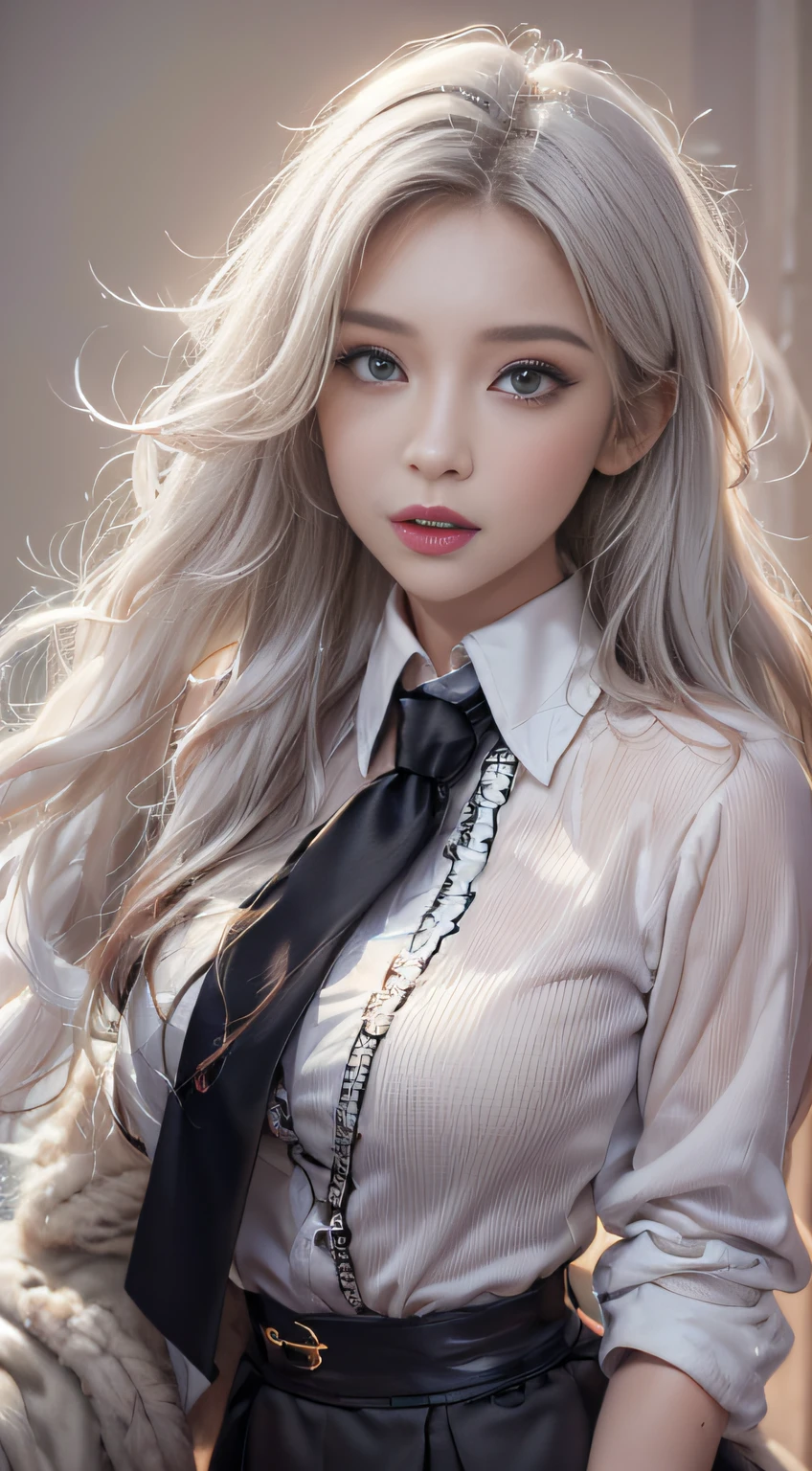 Photorealistic, high resolution, 1 Women, Solo, Waist up, Beautiful eyes, Close lips, Detailed face, White hair, Long hair, Collared shirt, black necktie,Black skirt, pencil skirts, Fur coat, Stockings