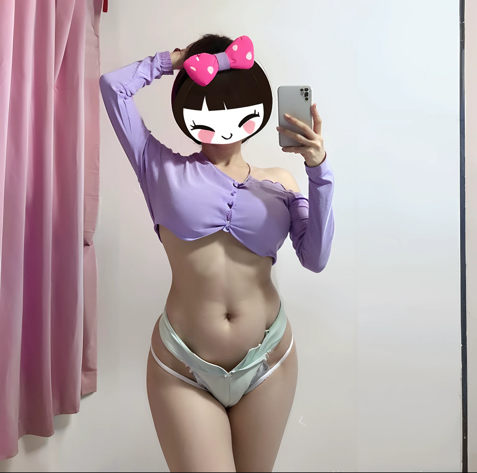 There was a woman in a purple shirt taking a selfie, 1 8 I, thicc, skinny waist and thick hips, bbwchan, small curvaceous loli, Purple body, Wide hips, 2 5 I, photo of slim girl, she has a jiggly fat round belly, 2 0 I, 20yr old, Sexy body, Pink body, belly exposed