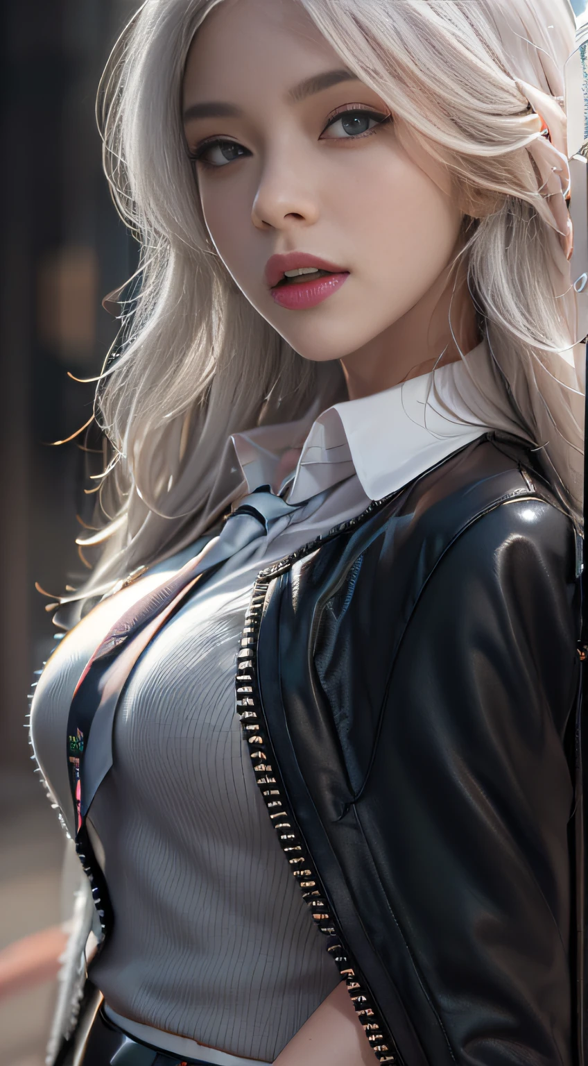 Photorealistic, high resolution, 1 Women, Solo, Waist up, Beautiful eyes, Close lips, Detailed face, White hair, Long hair, Collared shirt, black necktie,Black skirt, pencil skirts, Fur coat, Stockings