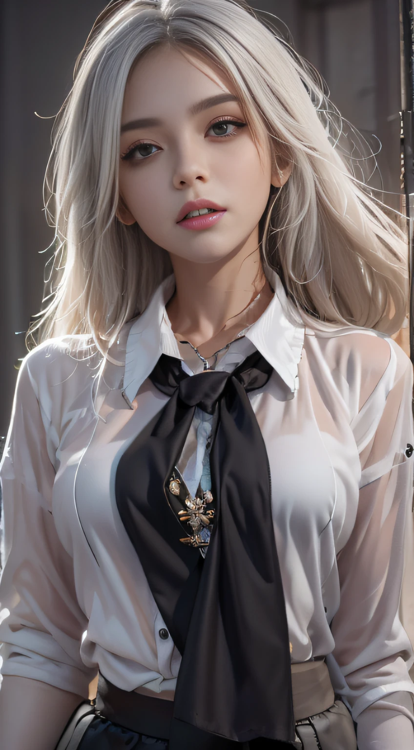 Photorealistic, high resolution, 1 Women, Solo, Waist up, Beautiful eyes, Close lips, Detailed face, White hair, Long hair, Collared shirt, black necktie,Black skirt, pencil skirts, Fur coat, Stockings