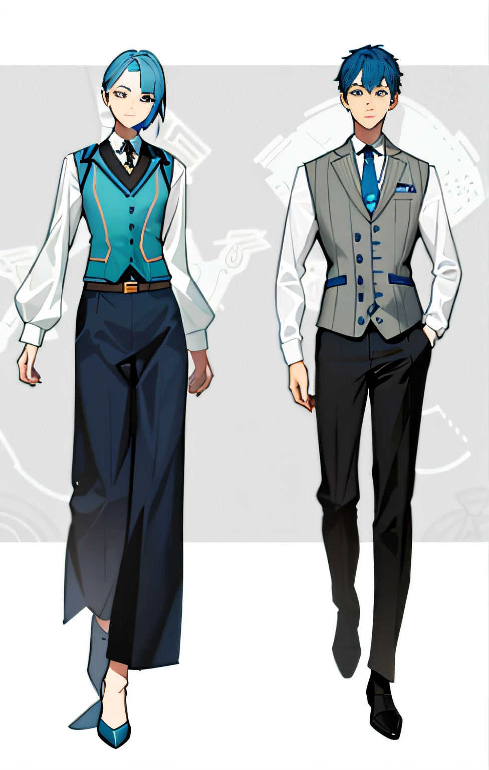 A man and a woman were dressed in formal clothes,Add five centimeters of blue decoration to your clothes,Blue artwork,Lines outline the structure,Increase the proportion of brown,Brown picture,Vest makeover,Change of clothes,Creative change,The theme color changes to brown,low-saturation,Low brightness,The high-purity color scheme is 80% kawa,Ten percent earthy smell,Ten percent is blue,artwork of a,Blue crafts,blue adornements,Blue fabric,The blue ship was drawn by Arafort, clothing design, avant designer uniform, clothing concept, clothing design, clothing design, detailled image, Formal attire, Wearing a vest, Add blue details,stand-up collared shirt,garments,Butler overalls,Vest model,Creative vest blue,Add blue,Increase the proportion of blue,full body concept, detailed full body concept art, Wearing a vest, fashion concept art, waistcoat, Coveralls, wearing a vest and a tie, clothing design,ellegance,design sense,dotting,the detail,Design clothing,Alien vests,Plain vest