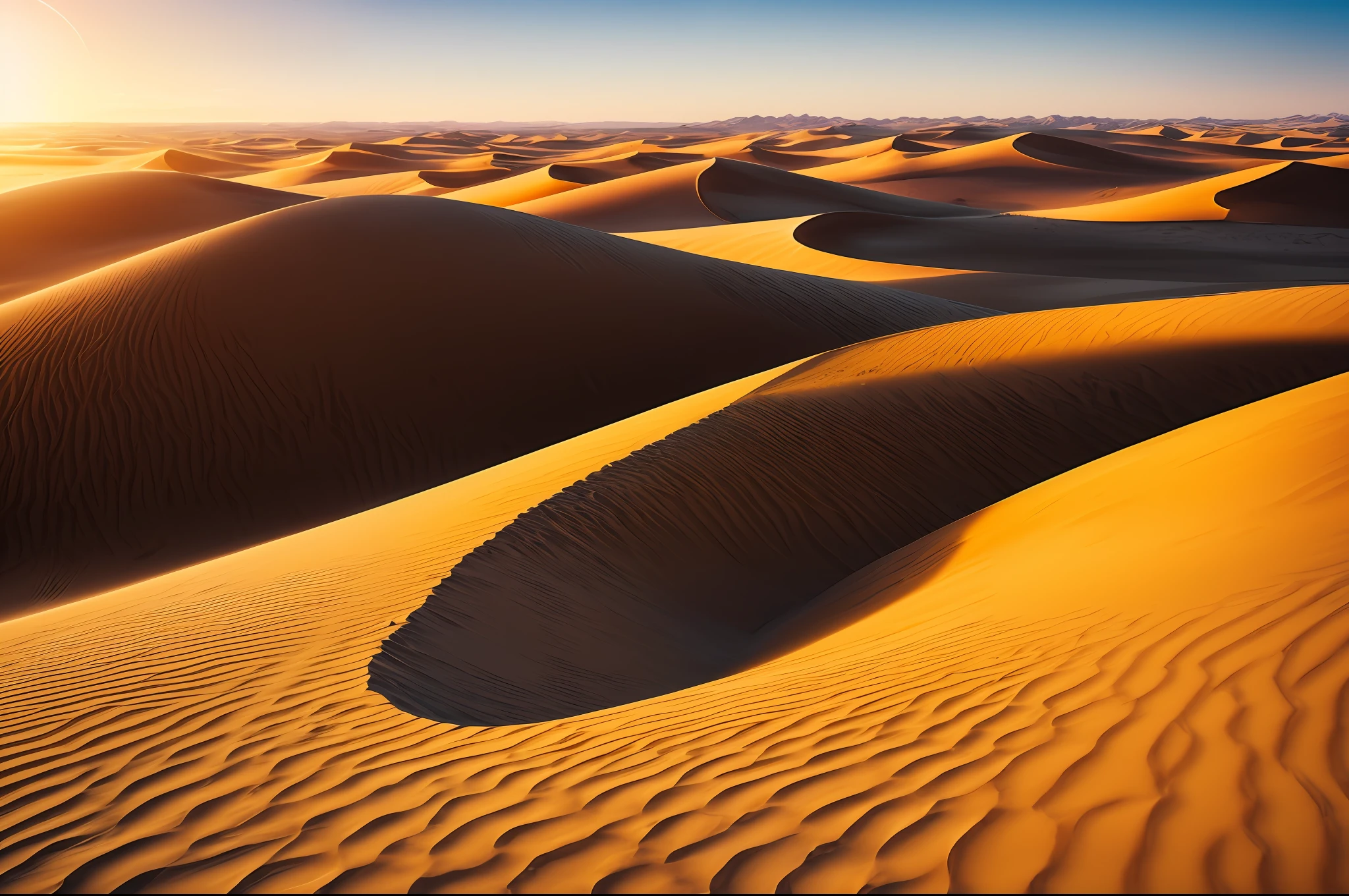 "An astounding masterpiece depicting the mesmerizing beauty of a desert. Best quality, ultra-detailed CG unity 8k wallpaper. The scorching sun casts dramatic shadows across the sand dunes, creating a captivating play of light and shadow. The vastness of the desert stretches as far as the eye can see, with the golden sand merging seamlessly with the clear blue sky. The tranquil silence of the desert is broken only by a gentle breeze rustling through the palm trees. The scene is surreal and serene, evoking a sense of awe and wonder.+"