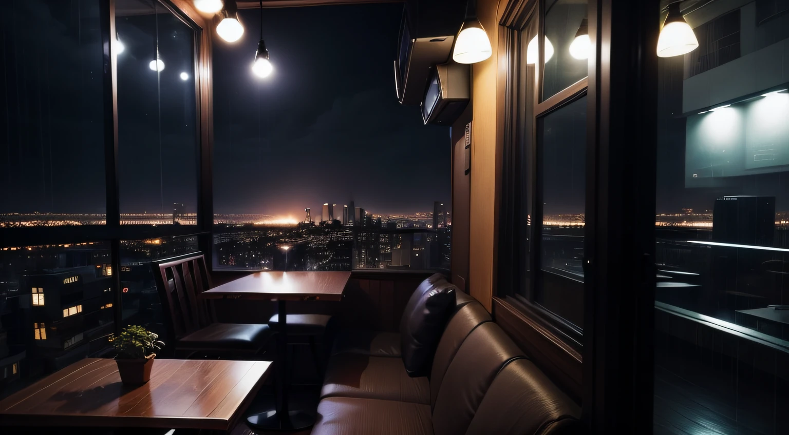 Sky from evening to night、Lo-Fi Hip Hop、Cafe with small lights、A few guests、The view outside the window is a residential area、Silence、It's raining a little、