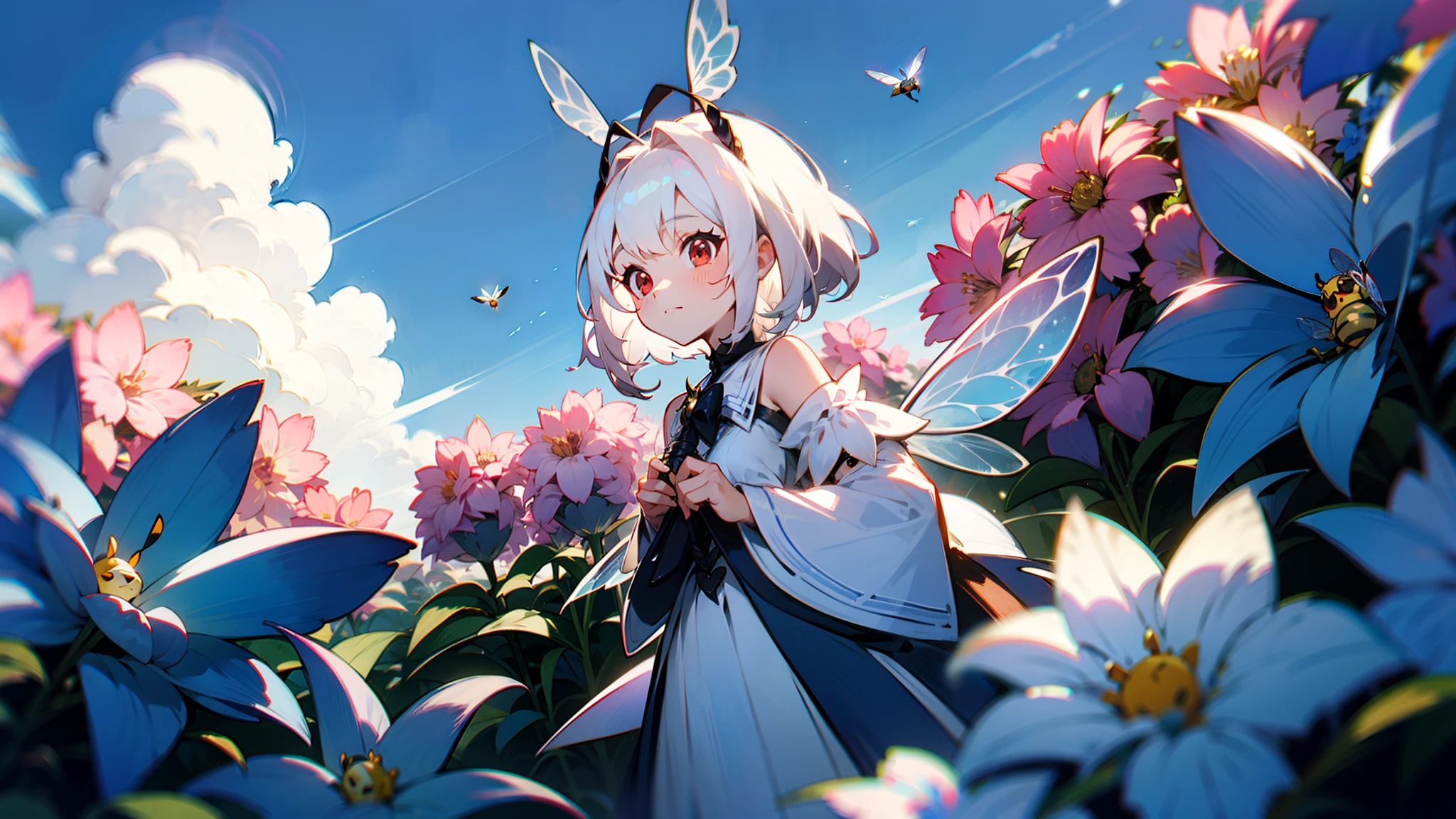 Anthropomorphic bee girl，shoulder-length white hair，Red eyes，microcosmic，Hide in the flowers，on focus，dingdall effect，suns，Blue sky，White Lolita，Translucent wings