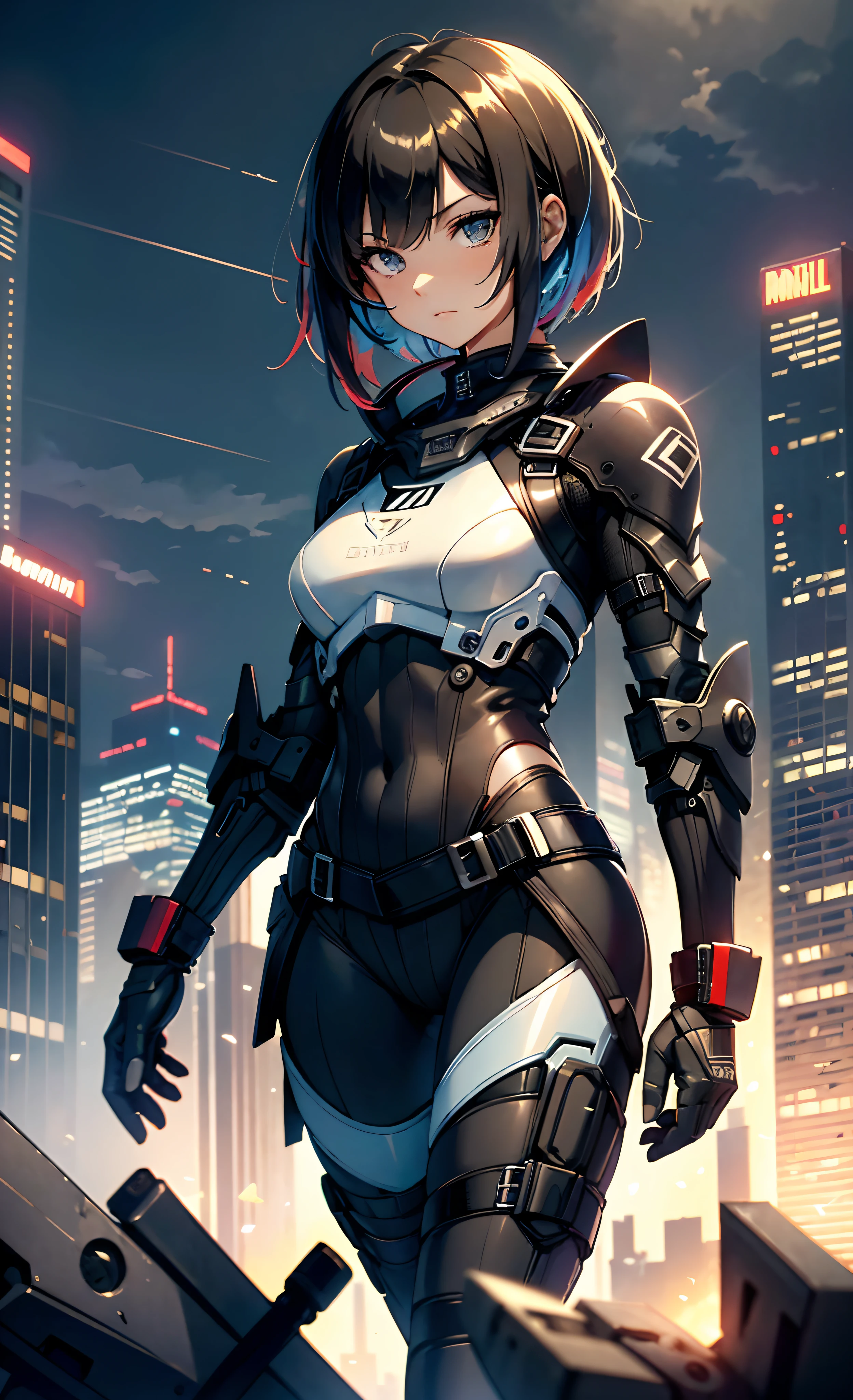 best qualityer,tmasterpiece,Ultimate resolution,downy,Extremely colorful,Colorful,Women combatants,a matural female,Black super short hair,holding gun,Tight combat suit,tightsuit,Steel City background,the night,Normal posture,Normal posture