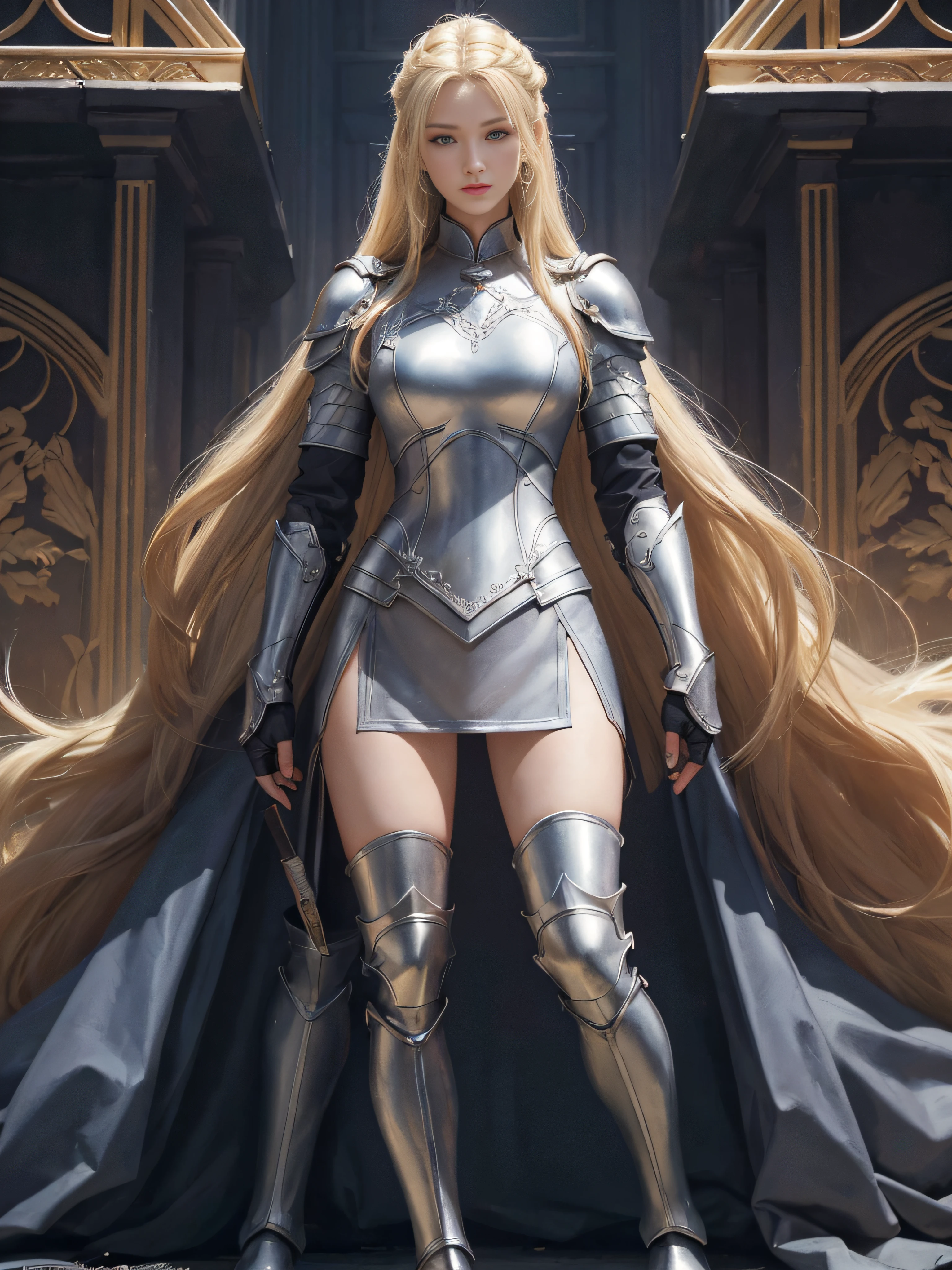 A woman in armor standing in front of a castle - SeaArt AI