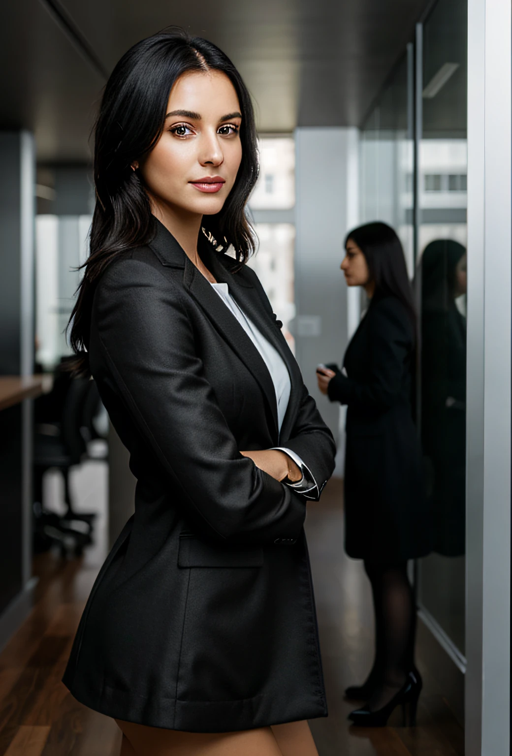 Mature woman, 30 years old, black hair, european woman, full body in picture, multiple views, zoom out, serious, beautiful, cool, realistic hair, green eyes, discreet pose, european eyes, medium construction, medium round ass, medium long coat, beautiful clothes, cute black suit, modern office, bar on cover, masterpiece, ultra high res, (photorealistic: 1.4), raw photo, ultra realistic, detailed background, refined, detailed, realistic face, detailed face, realistic skin, (RAW photo, best quality), extremely detailed, CG, unit, amazing, fine details, light smile, extremely detailed CG 8k wallpaper unit, huge file size, ultra-detailed, highres, absurdres, soft light, half body, photo without background