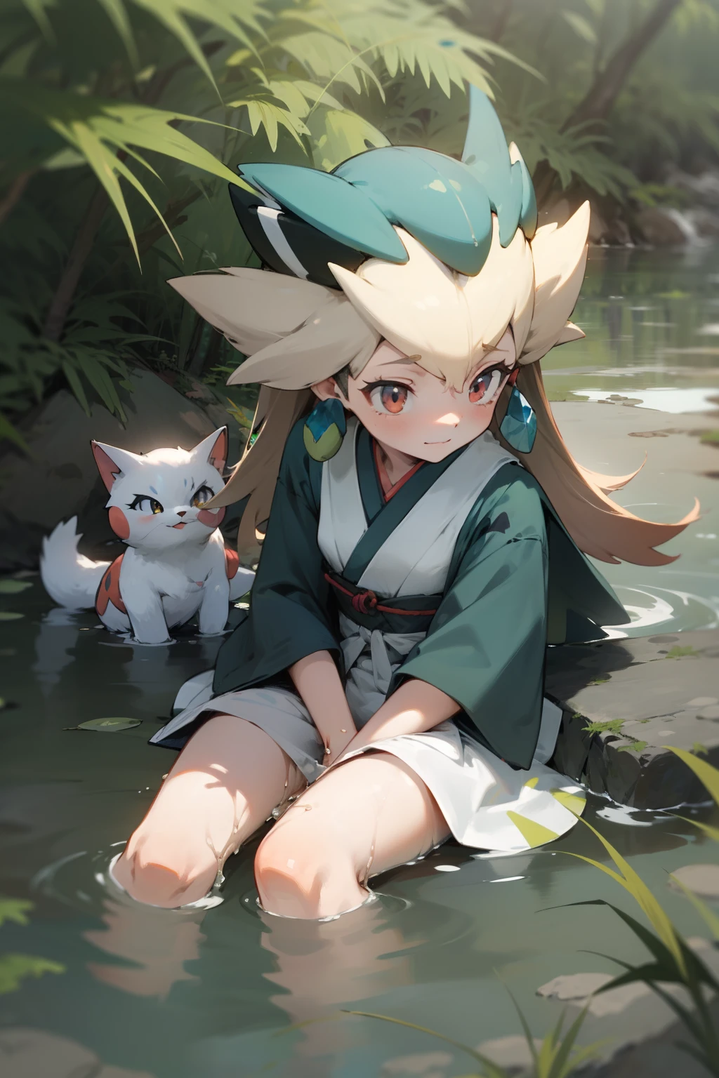 tmasterpiece，k hd，hyper HD，4K）brunette color hair，Pure，14 year old Japanese cat-eared girl，Soak in water，A fluffy white tail，In the crystal clear stream of the forest and Pokemon（organism）And play in the creek together，The girl's hair was scattered，Relaxed expression，Be red in the face