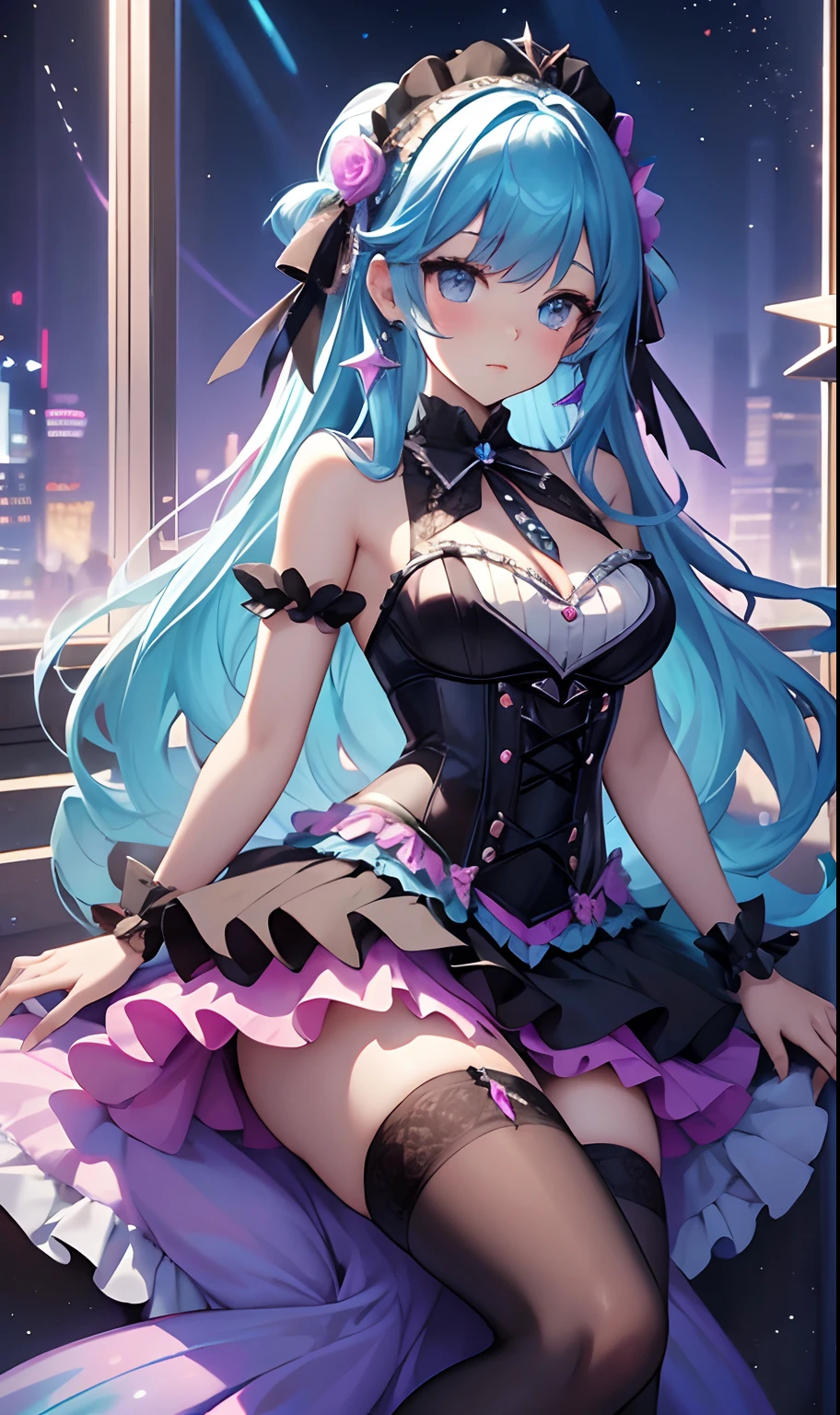 best qualityer,tmasterpiece,Ultimate resolution,downy,Extremely colorful,Colorful,Mermaid princess,ta dress,Black suspender stockings,starrysky,Bigchest