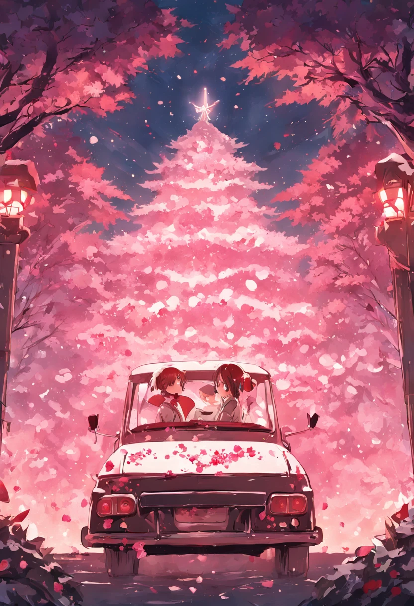 Close-up of pink pickup truck，No characters，Printed with text：OUR 1st CHRIATMAS AS Mr.&Mrs. 2023。There are flowers and bells in the surrounding area。Wedding, gyuru，marriage