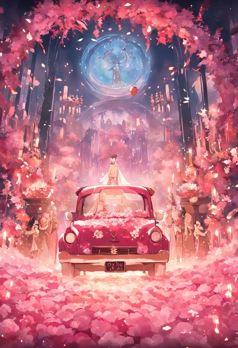 Close-up of pink pickup truck，No characters，Printed with text：OUR 1st CHRIATMAS AS Mr.&Mrs. 2023。There are flowers and bells in the surrounding area。Wedding, gyuru，marriage