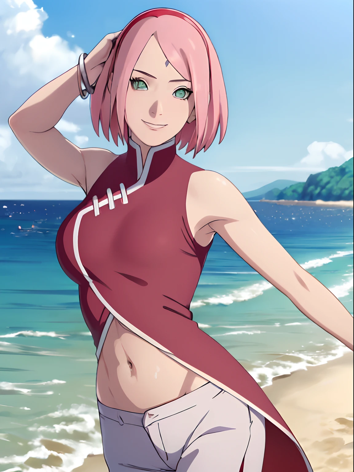 masterpiece, 4k, portrait, cowboy shot, professional artwork, detailed beach background, intricate details, colorful, digital blending, (ultra detailed body, ultra detail hair, ultra detail face), trending on pixiv, kind smile, best quality, anime style: 1.9, 1girl, hires, haruno sakura, (forehead mark, , red hairband, pale skin, small breaort hair, ((bare neck, red (micro) bikini top, (bikini top only)), white pants), (navel, belly button, brat, pink hair, closed mouth, big eyes), smile, beach, wind, floating hair, detailed arms, off-shoulders, broad shoulders, (slightly muscular arms, slightly strong biceps), (dirty armpits, armpit pocket), standing)