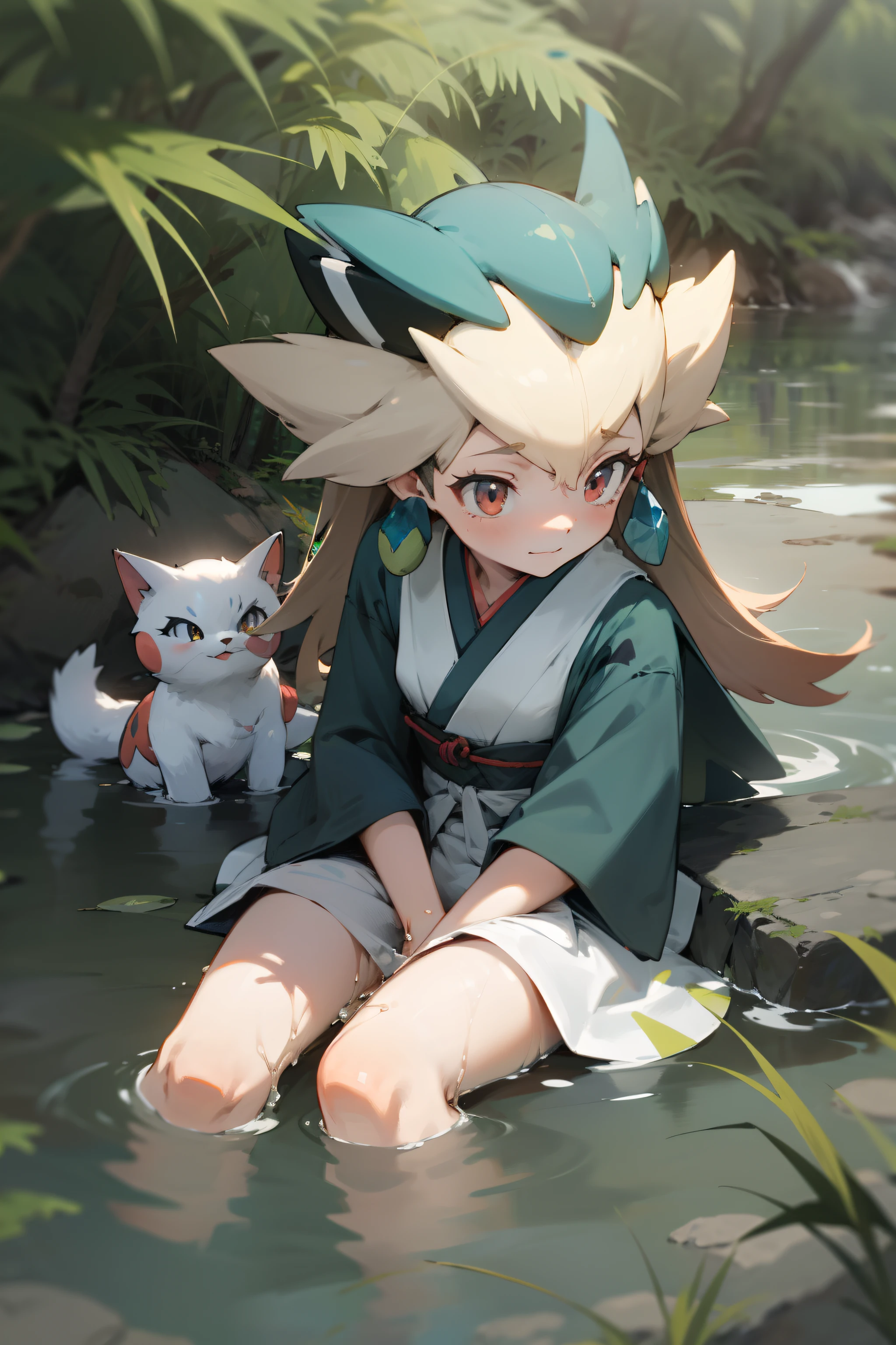tmasterpiece，k hd，hyper HD，4K）brunette color hair，Pure，14 year old Japanese cat-eared girl，Soak in water，A fluffy white tail，In the crystal clear stream of the forest and Pokemon（organism）And play in the creek together，The girl's hair was scattered，Relaxed expression，Be red in the face