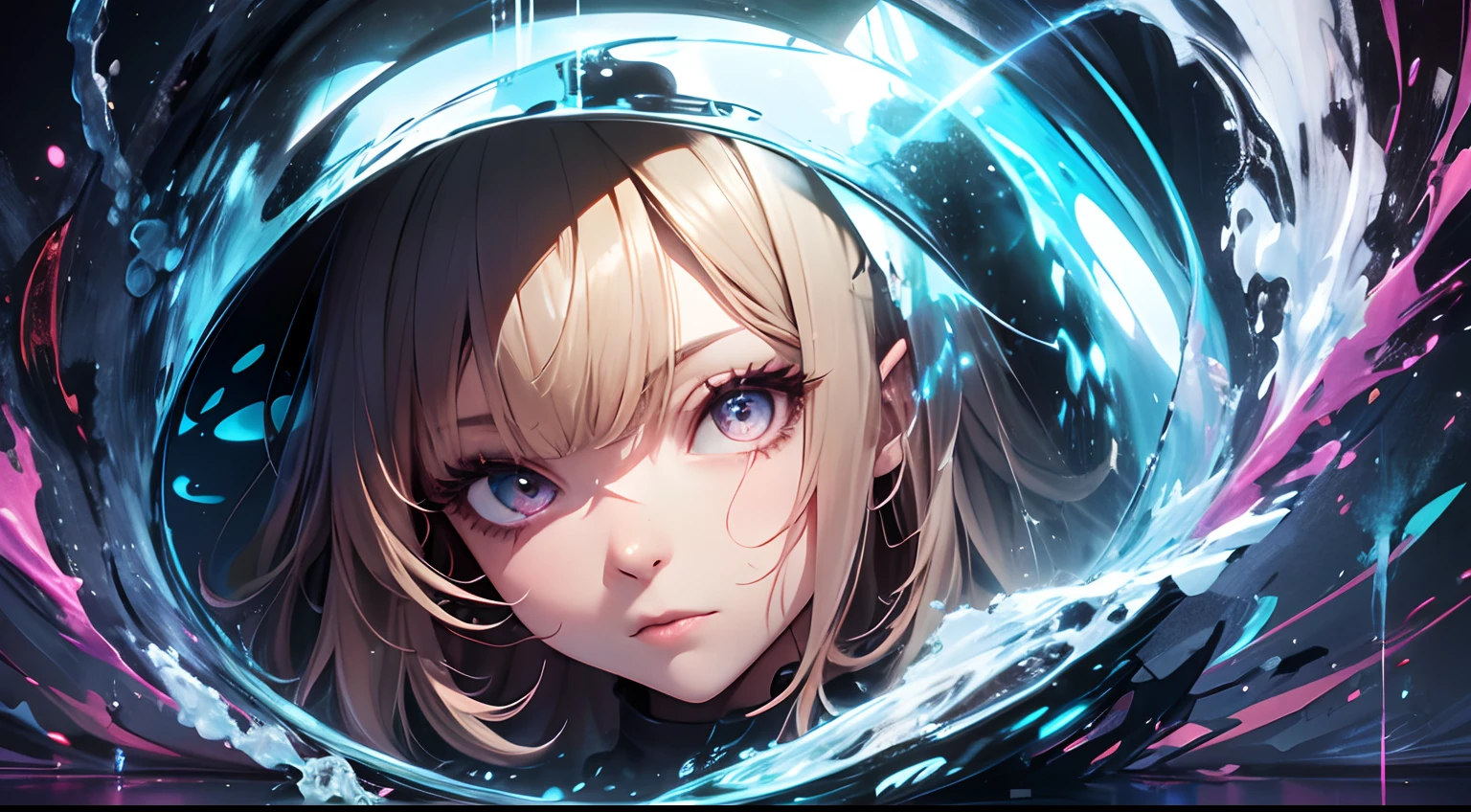 girl,radioactive glow, abstract art, focus on character, eyes with reflection